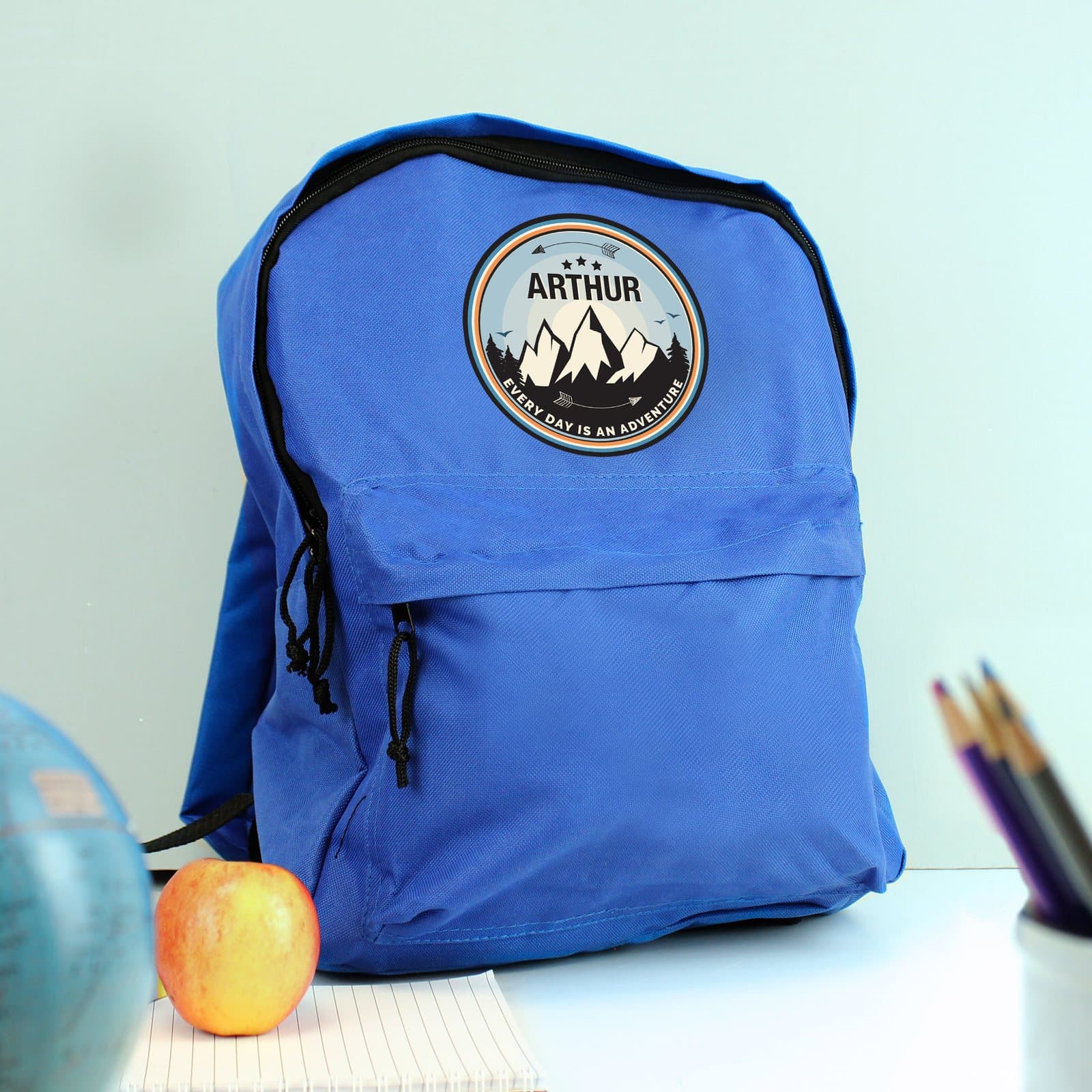 Personalised adventure blue backpack with Every day is an adventure text