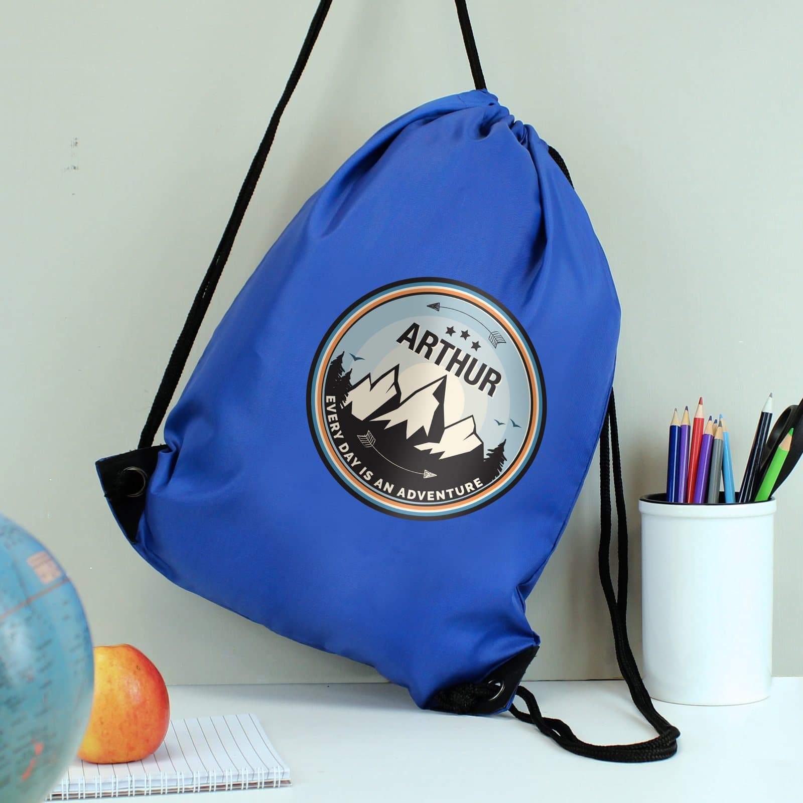 Personalised adventure blue drawstring kit bag with Every day is an adventure text