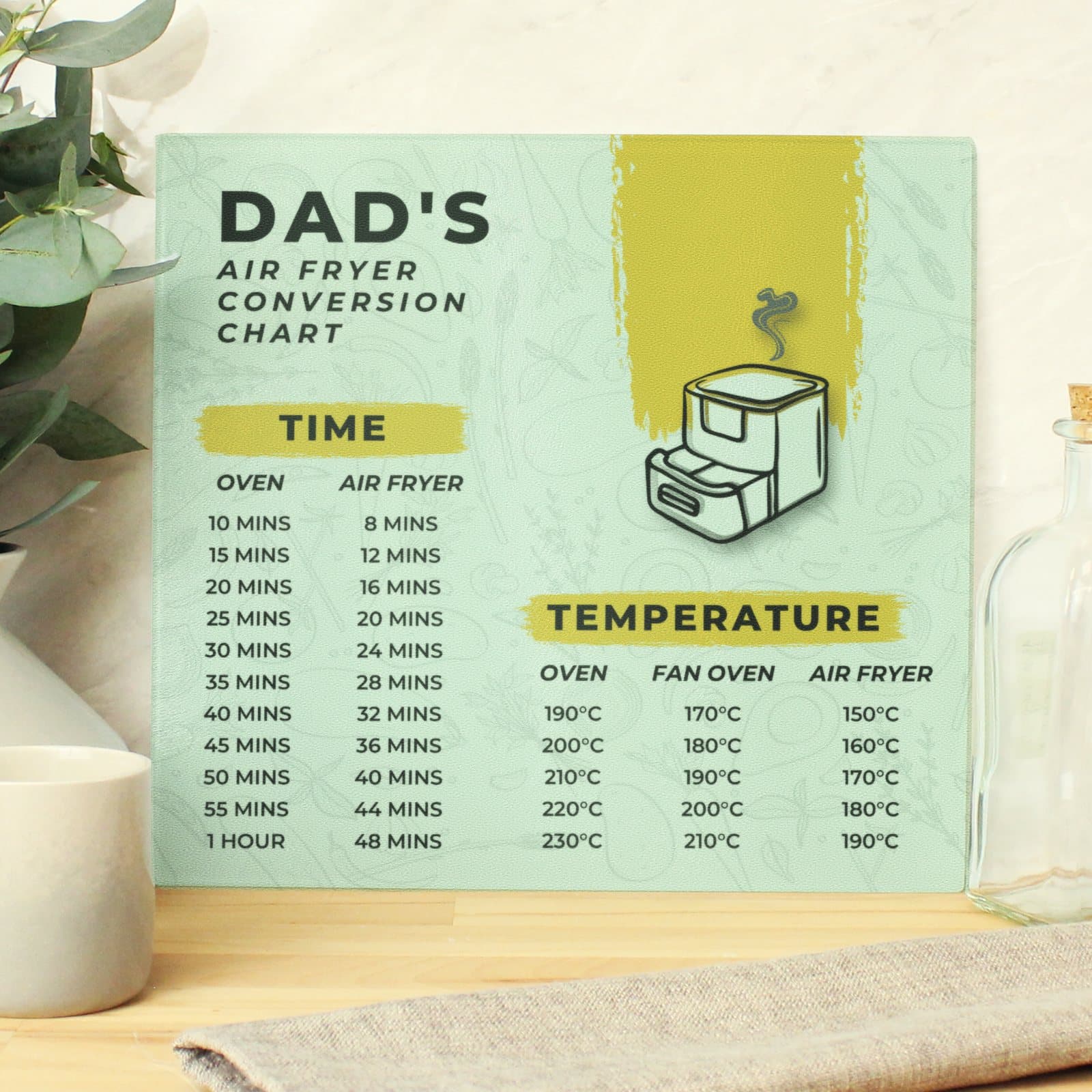 Glass chopping board printed with an air fryer chart and a personalised name