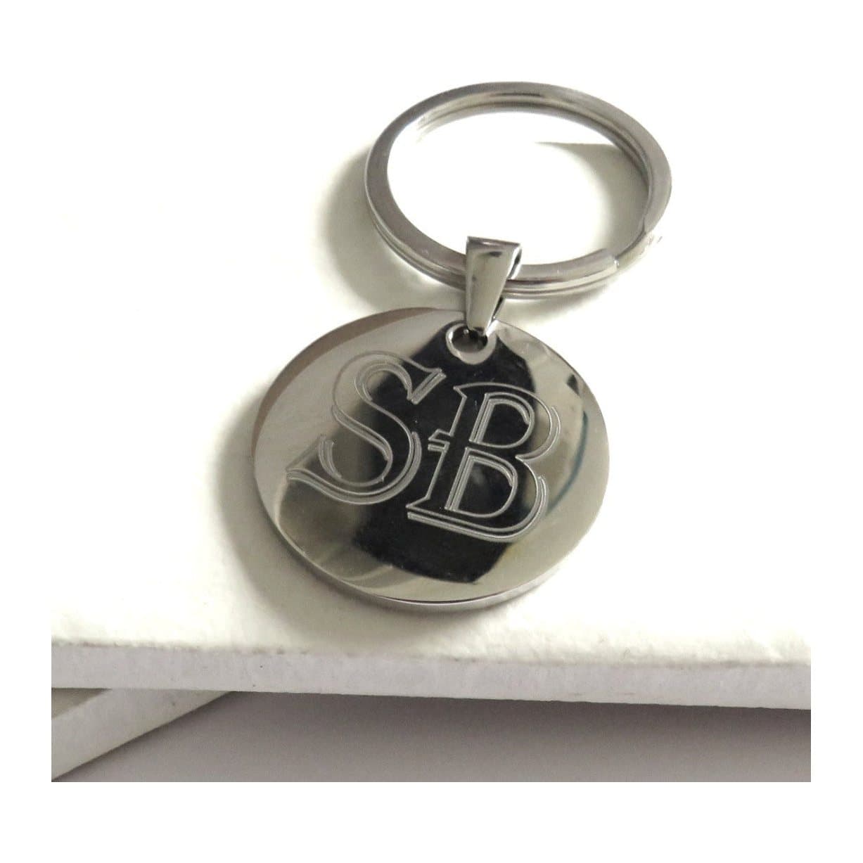 Round stainless steel keyring engraved with two letters or numbers