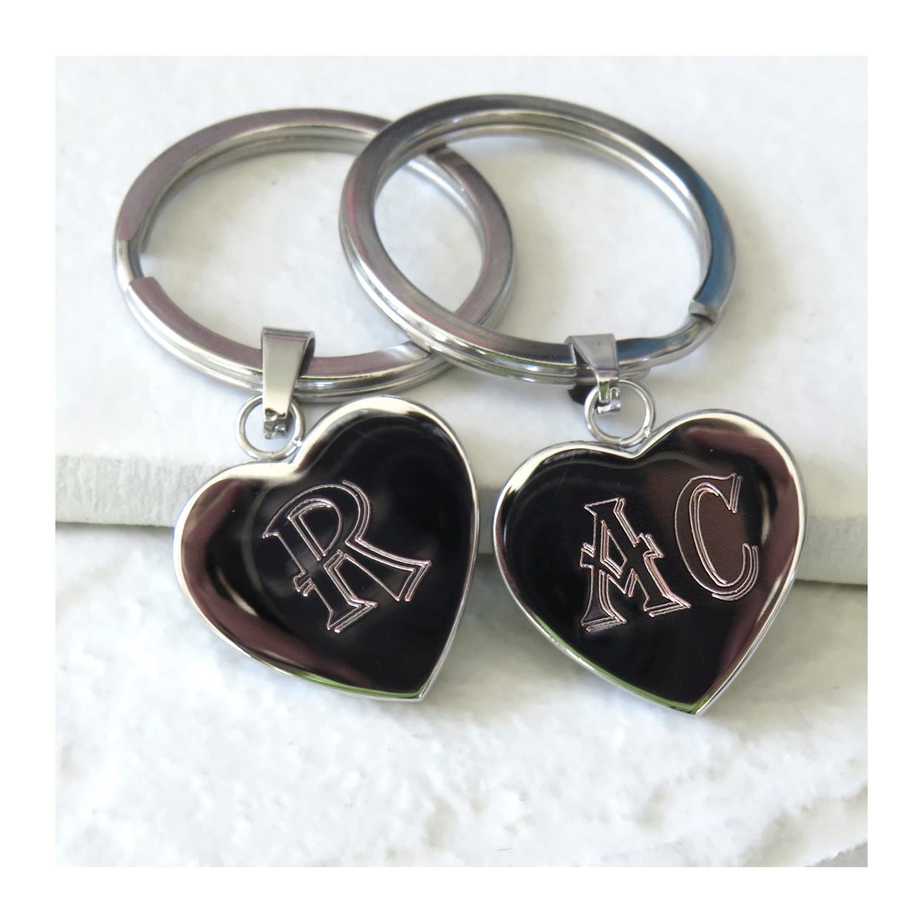 Personalised heart keyring with engraved initials in polished stainless steel