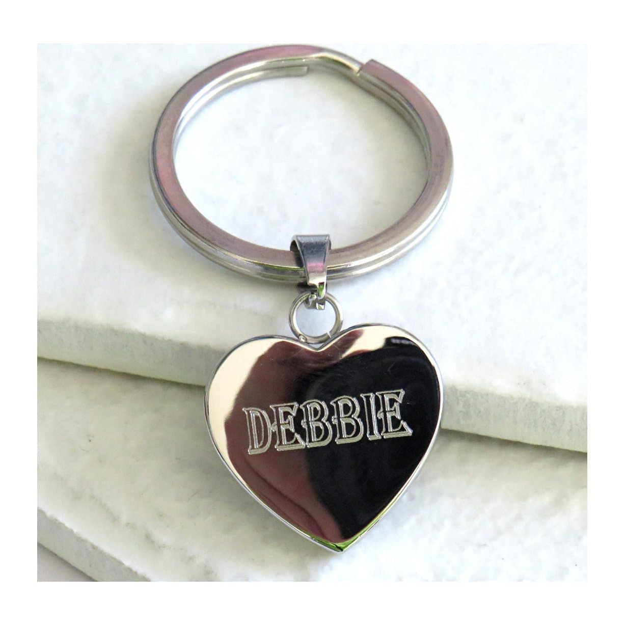 Algerian heart keyring with name in polished stainless steel