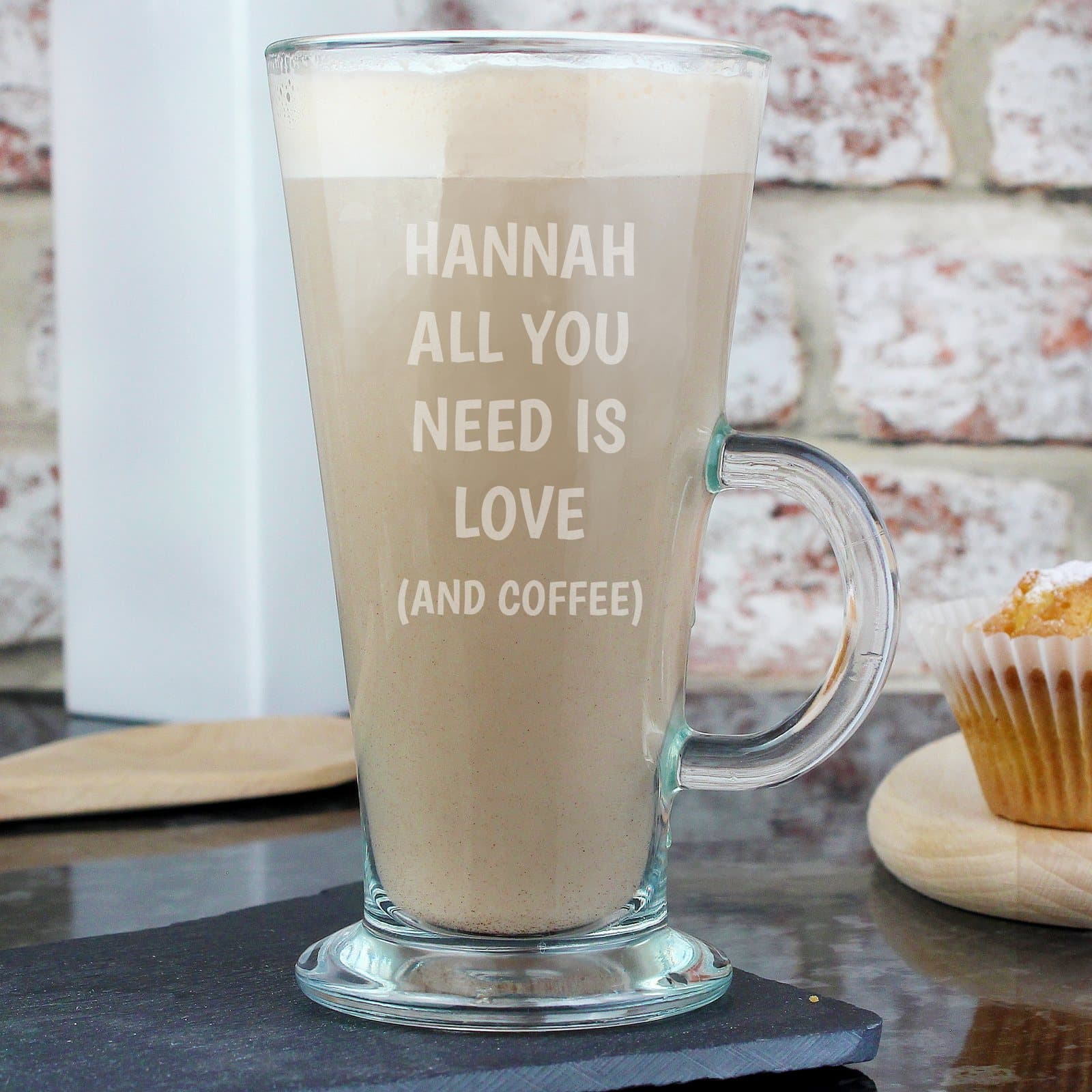 Personalised All You Need Is Love latte glass with a name