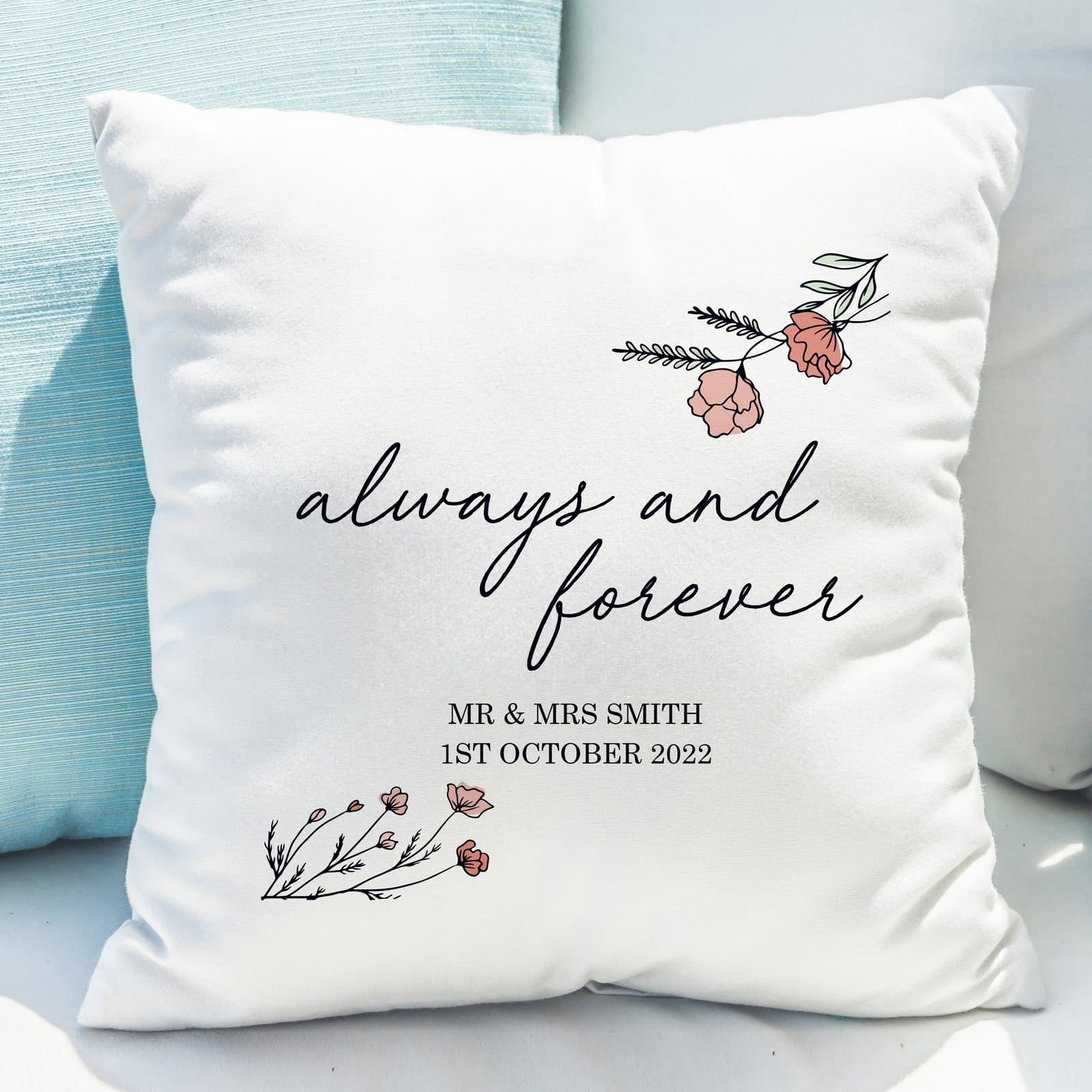 Cushion with always and forever wording and two personalised lines