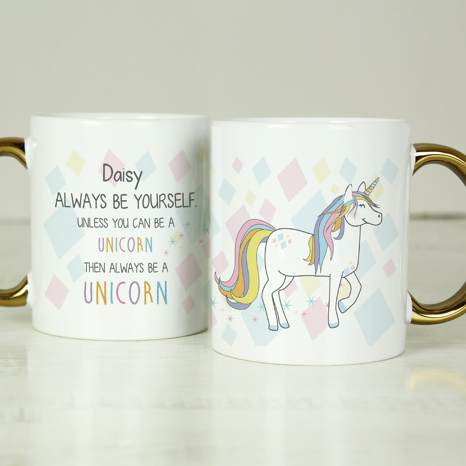 Ceramic unicorn mug with a personalised name and the always be a unicorn slogan