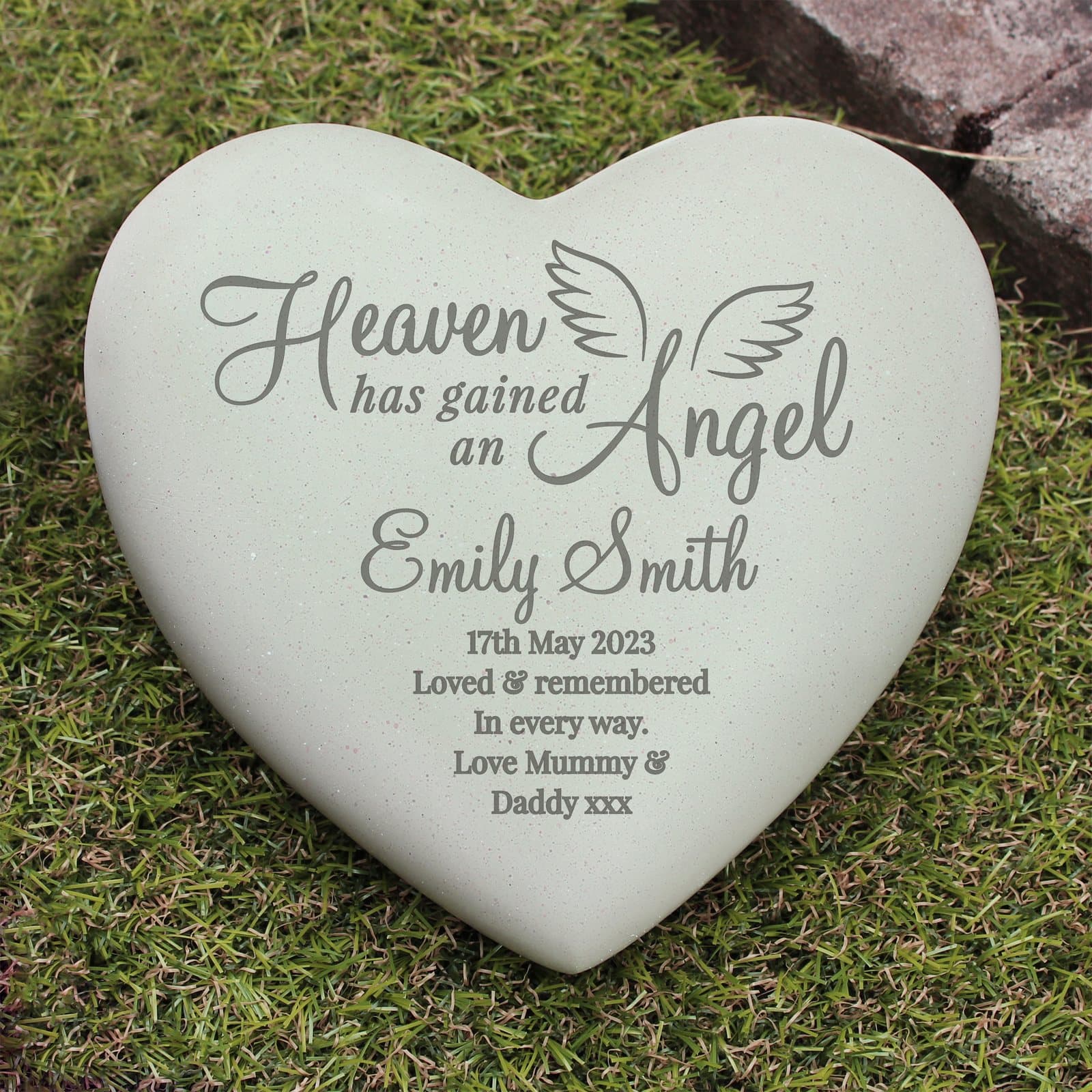 Resin angel heart graveside memorial with personalised lines of text