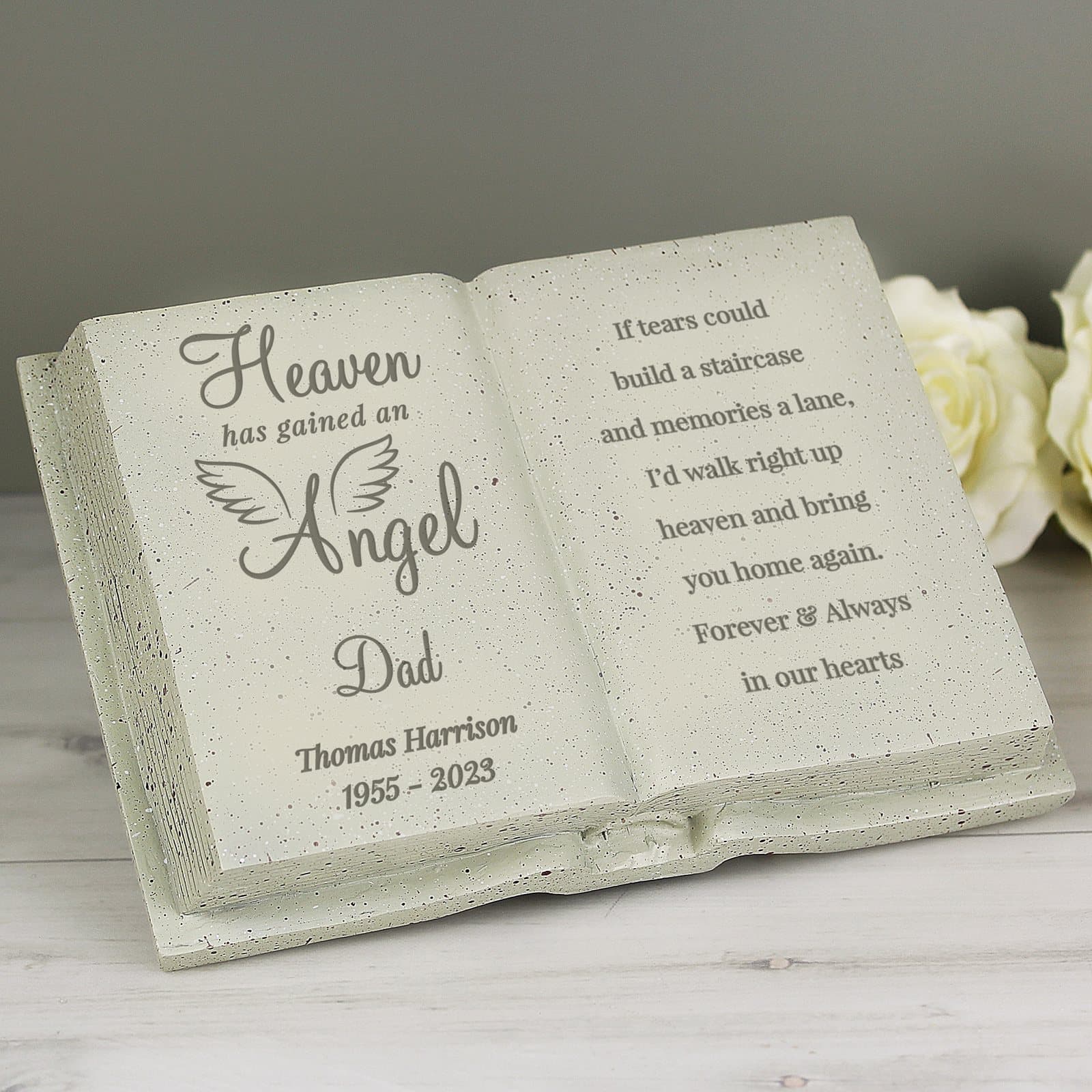Resin angel design memorial book ornament with personalised text