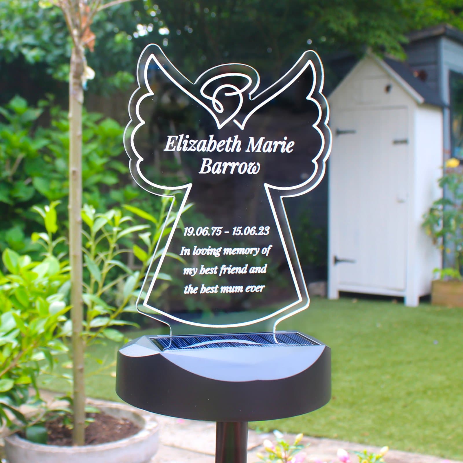 Angel memorial solar light with a personalised message sign on a ground stick