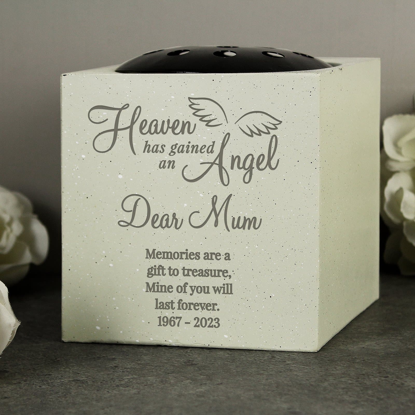 Personalised angel memorial vase with six lines of text printed on the front