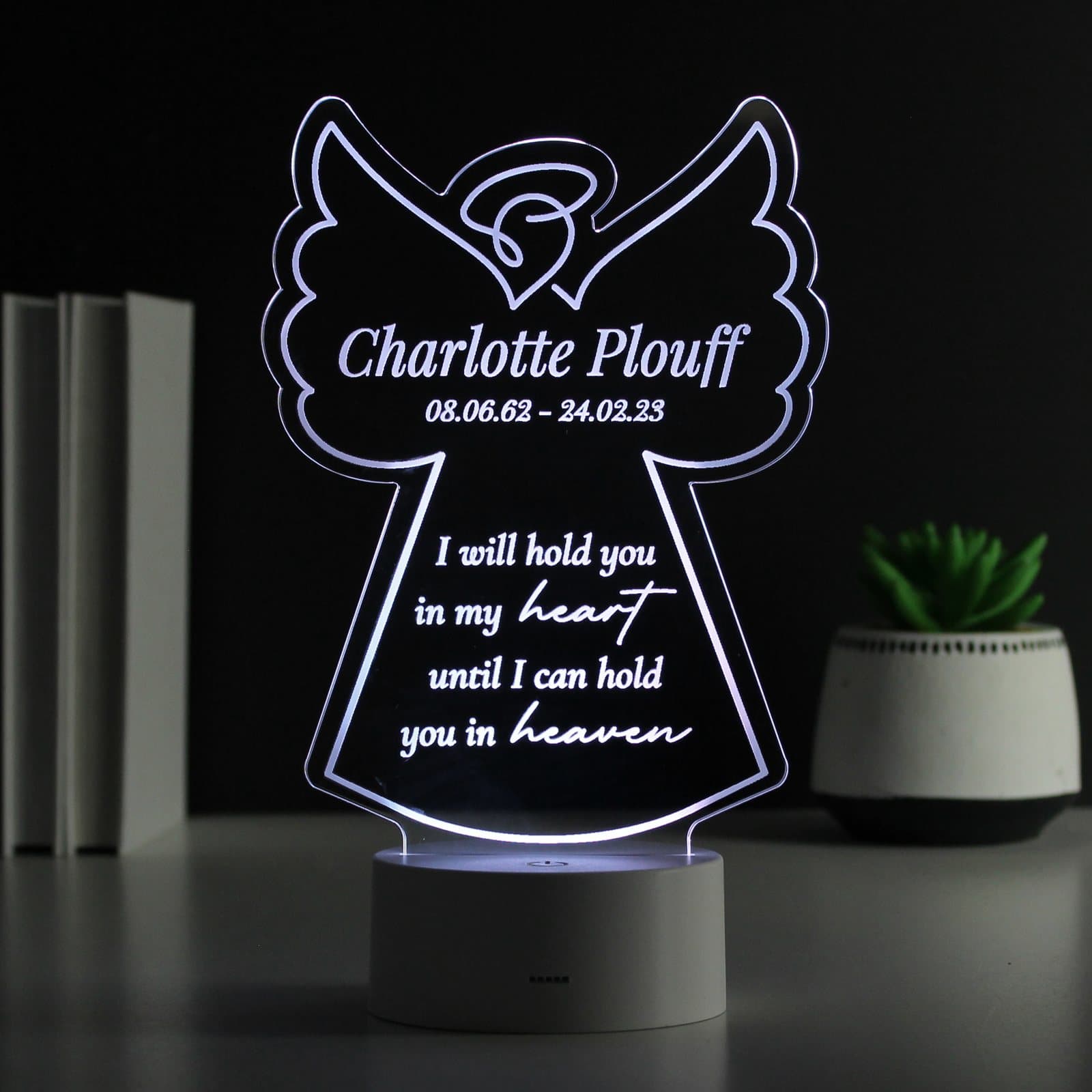 Colour changing angel memorial LED light with a personalised message and verse