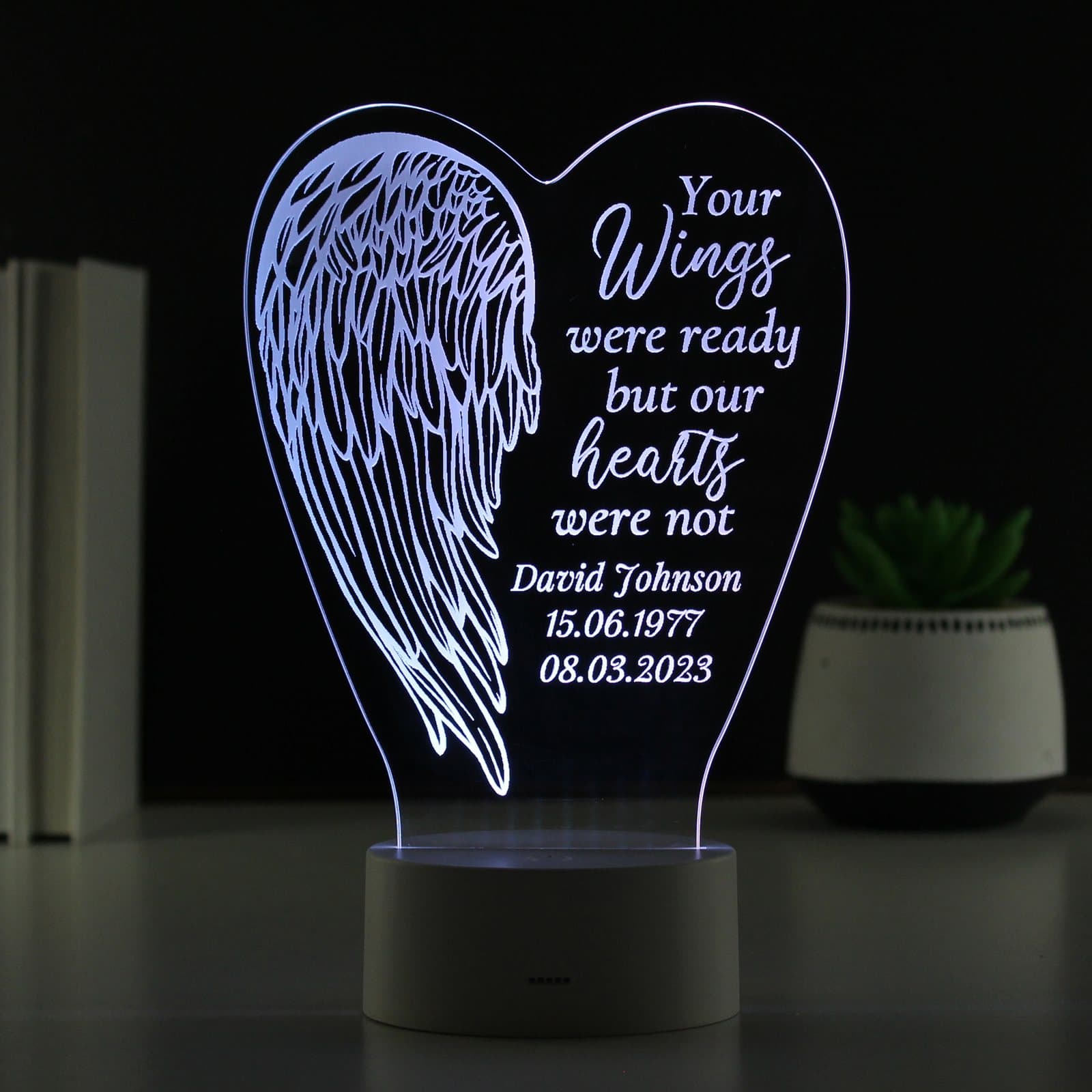 Colour changing angel wings memorial LED light with a personalised message