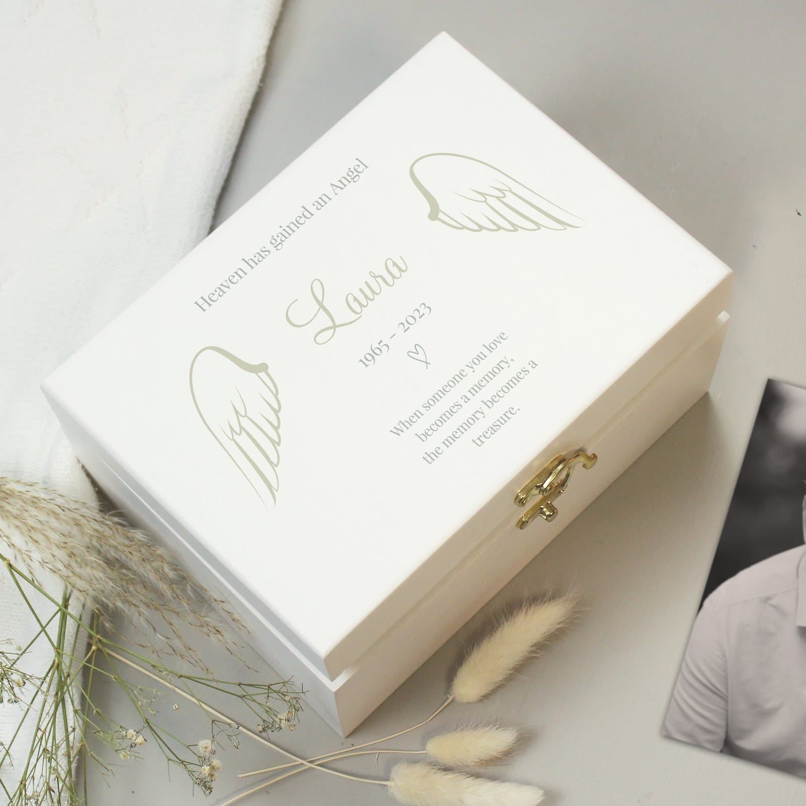 White hand painted wooden angel wings memorial keepsake box with personalised text