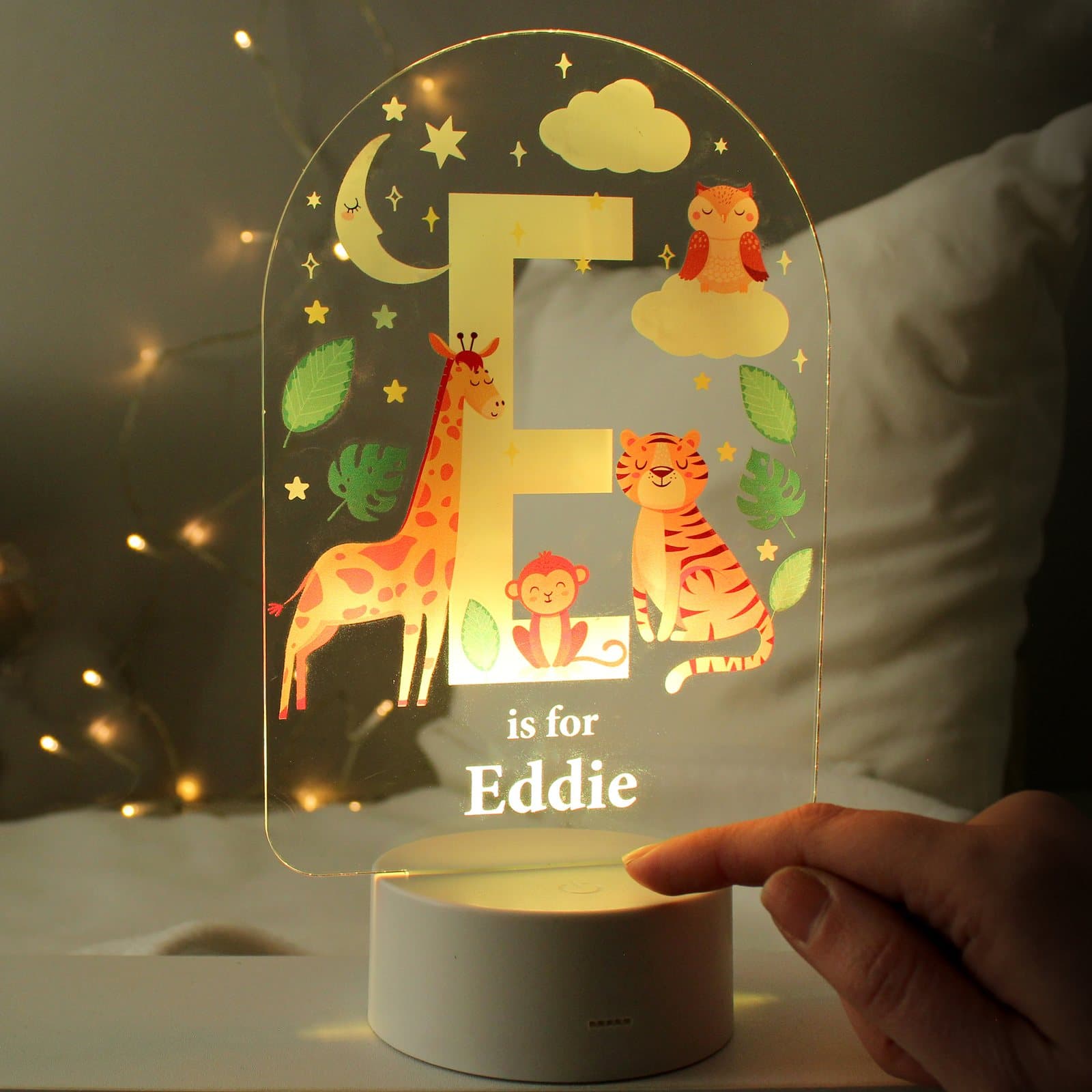 Acrylic animal alphabet LED night light showing a child's name and initial