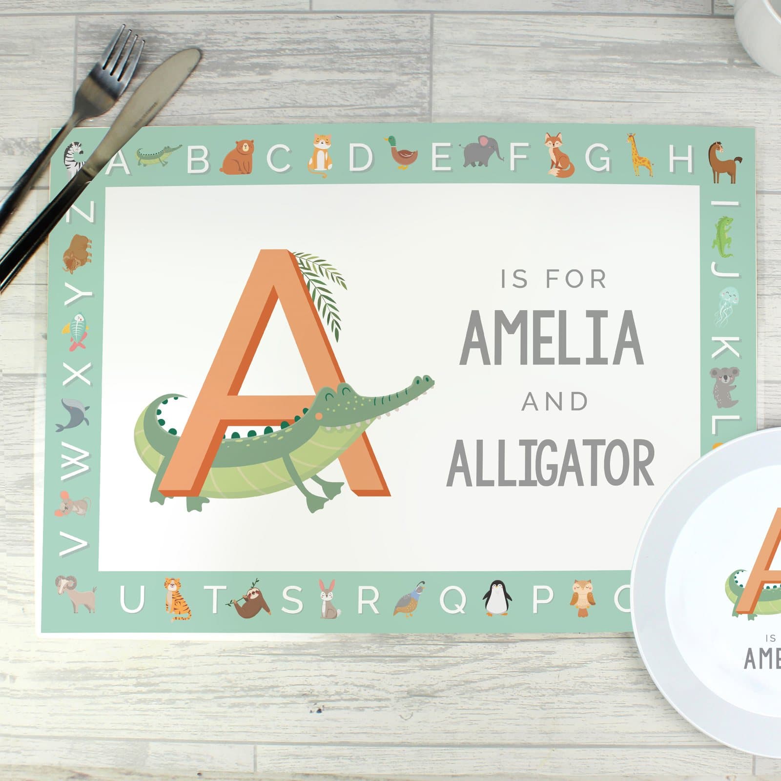 Personalised animal alphabet placemat with a child's name