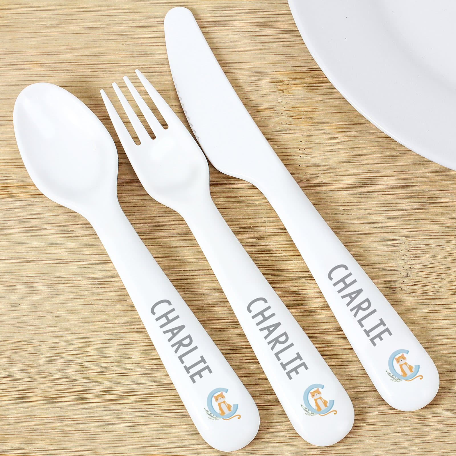 Plastic spoon, knife and fork set with Animal Alphabet design