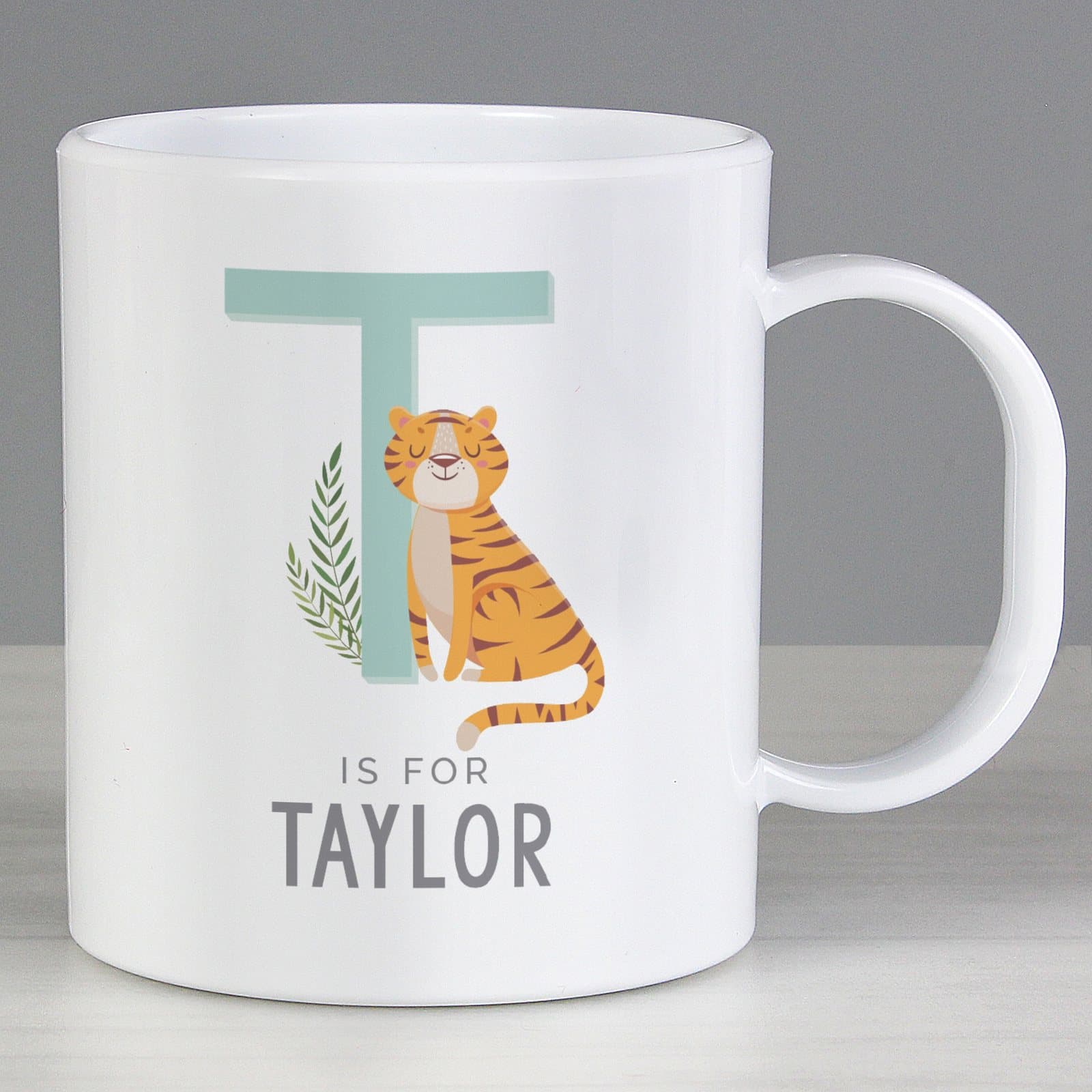 Personalised Animal Alphabet plastic mug with a name on the front