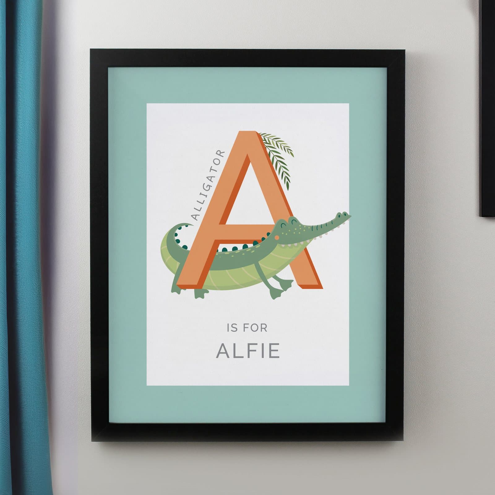 Colourful animal alphabet framed print in a black or white frame