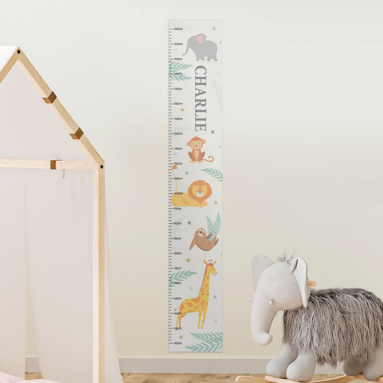 Personalised animal height chart with a child's name