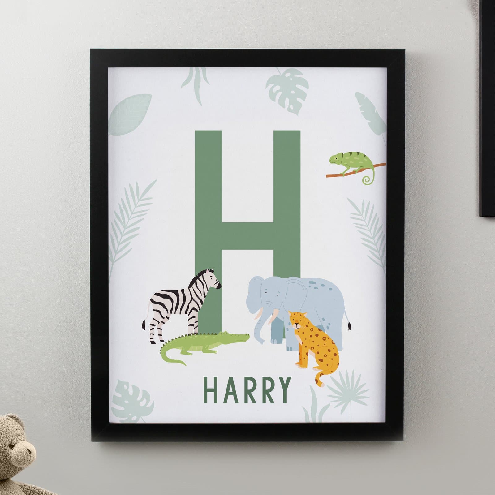 Colourful animal initial framed print in a black or white frame