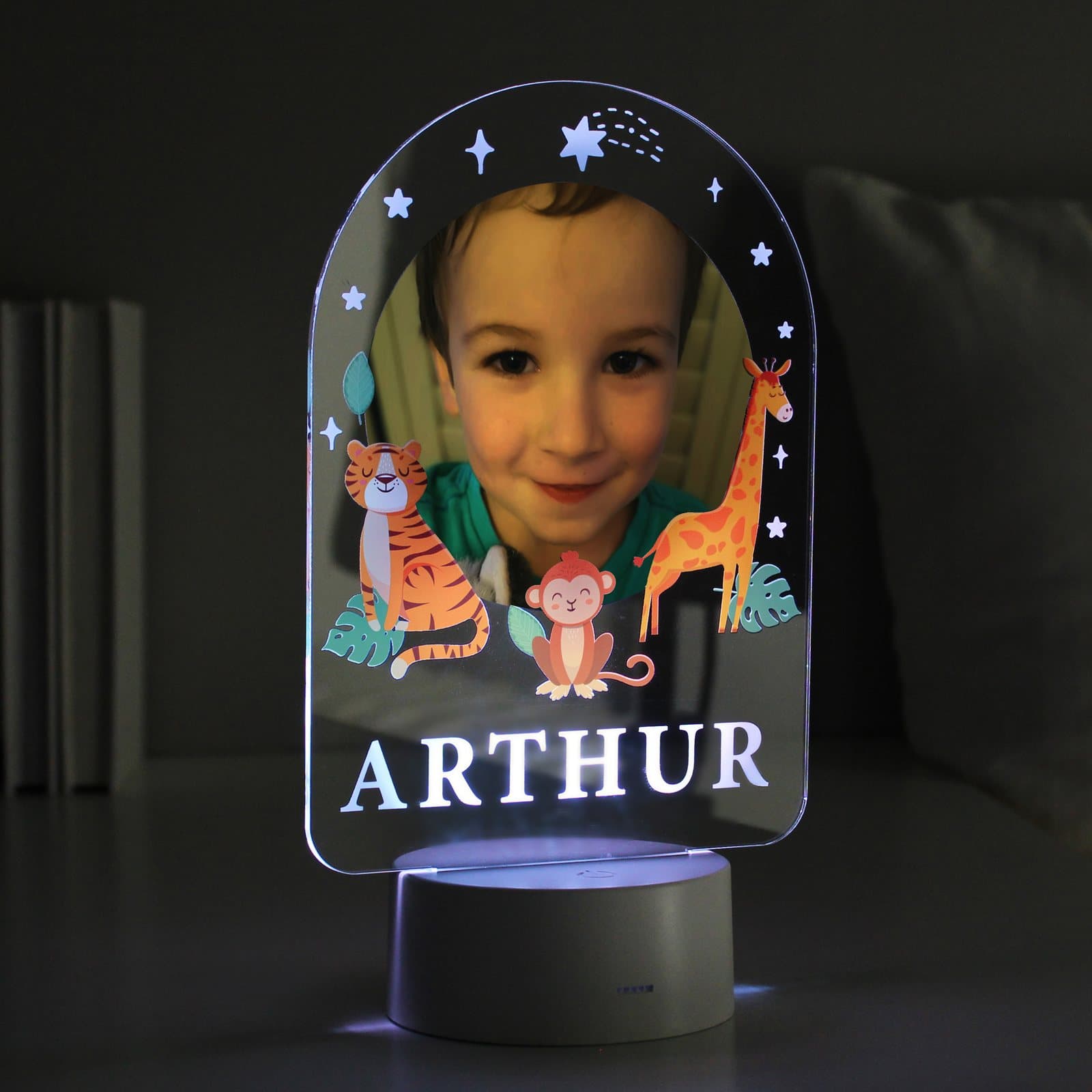 Colour changing LED night light with an acrylic sign showing a photo and name