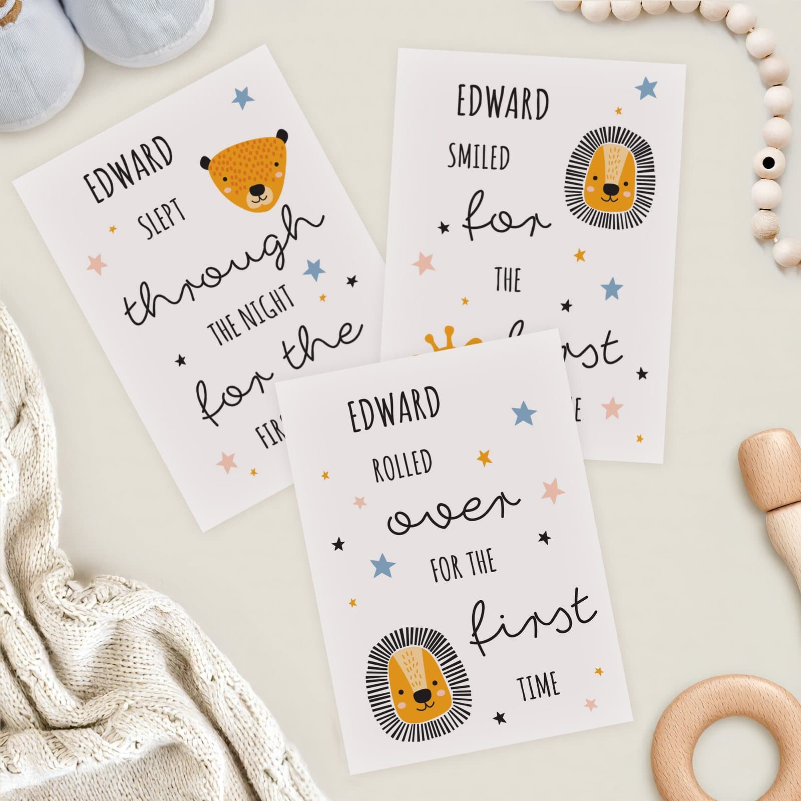 Set of personalised animals baby milestone cards