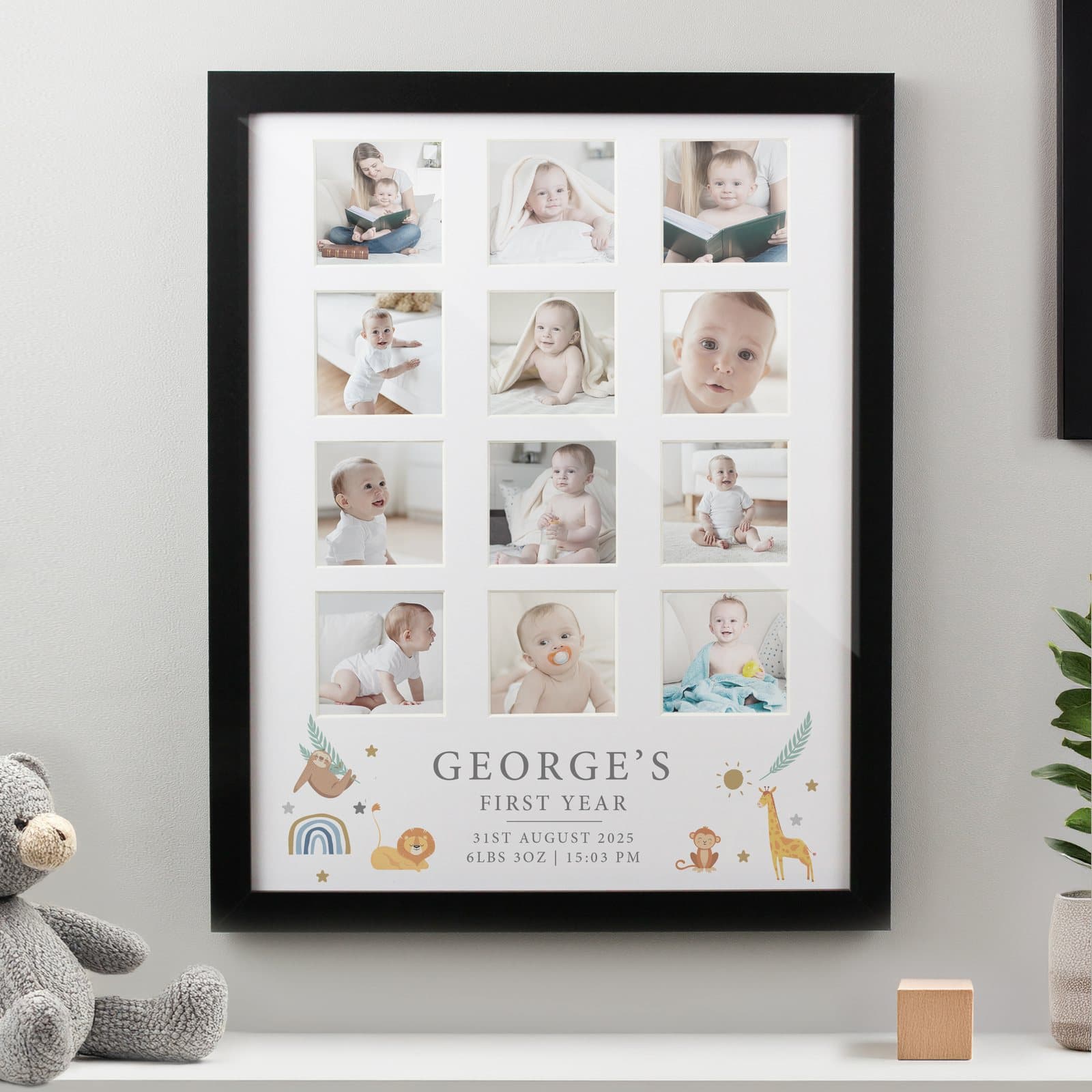 Black or white multi photo frame with twelve photo spaces and animal accents