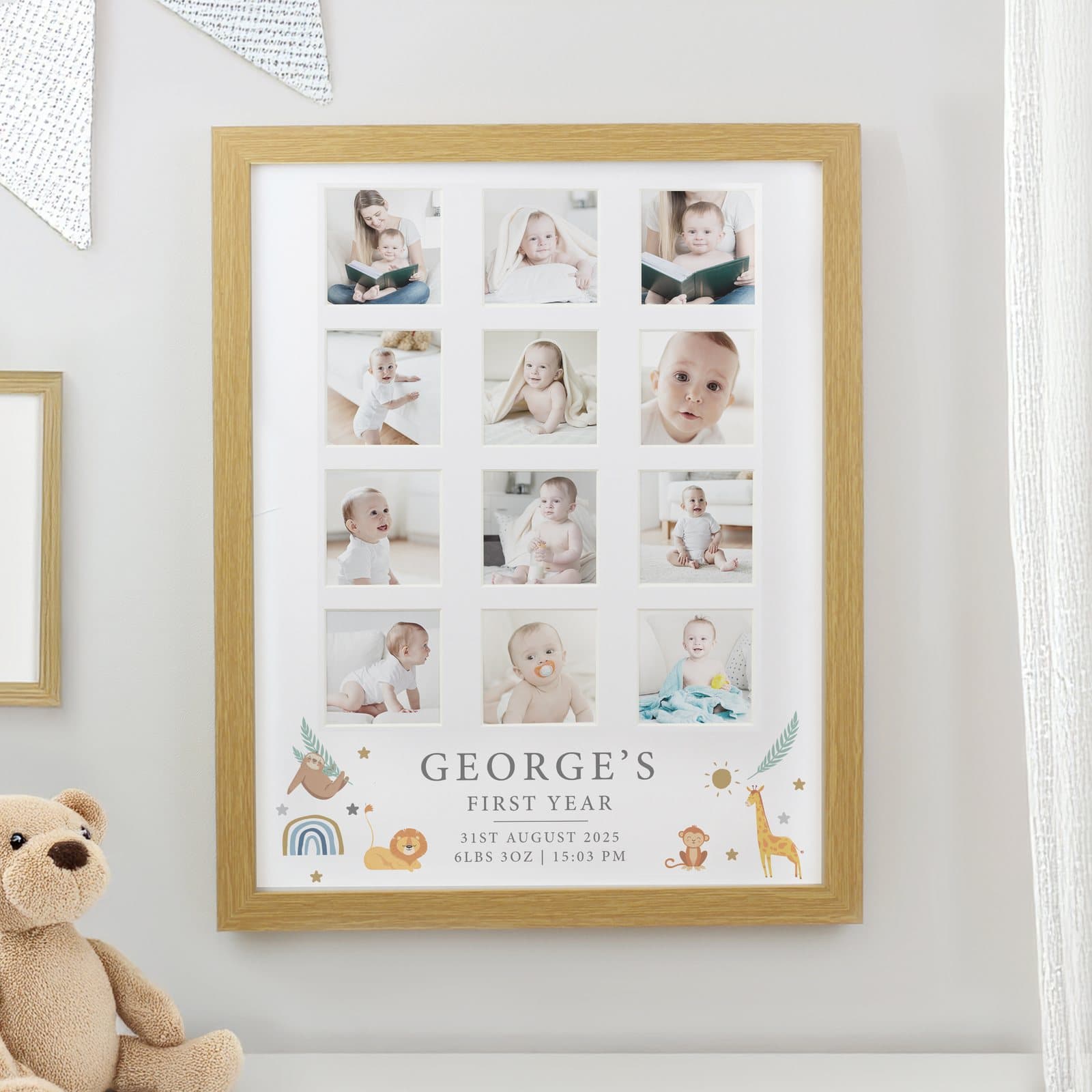 Oak multi photo frame with twelve photo spaces, animal accents and four lines of text
