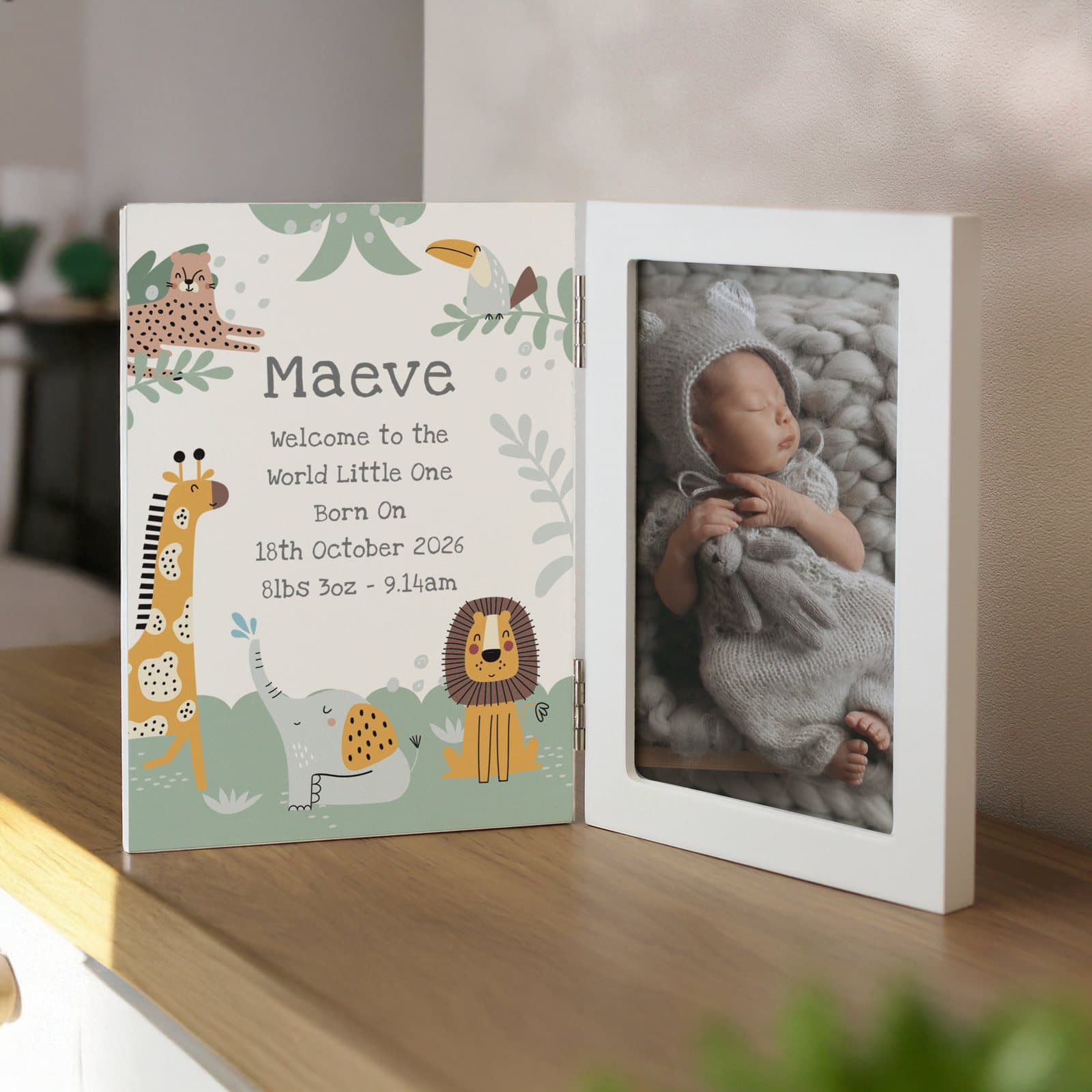 Wooden hinged 6x4 animals photo frame with six lines of personalised text