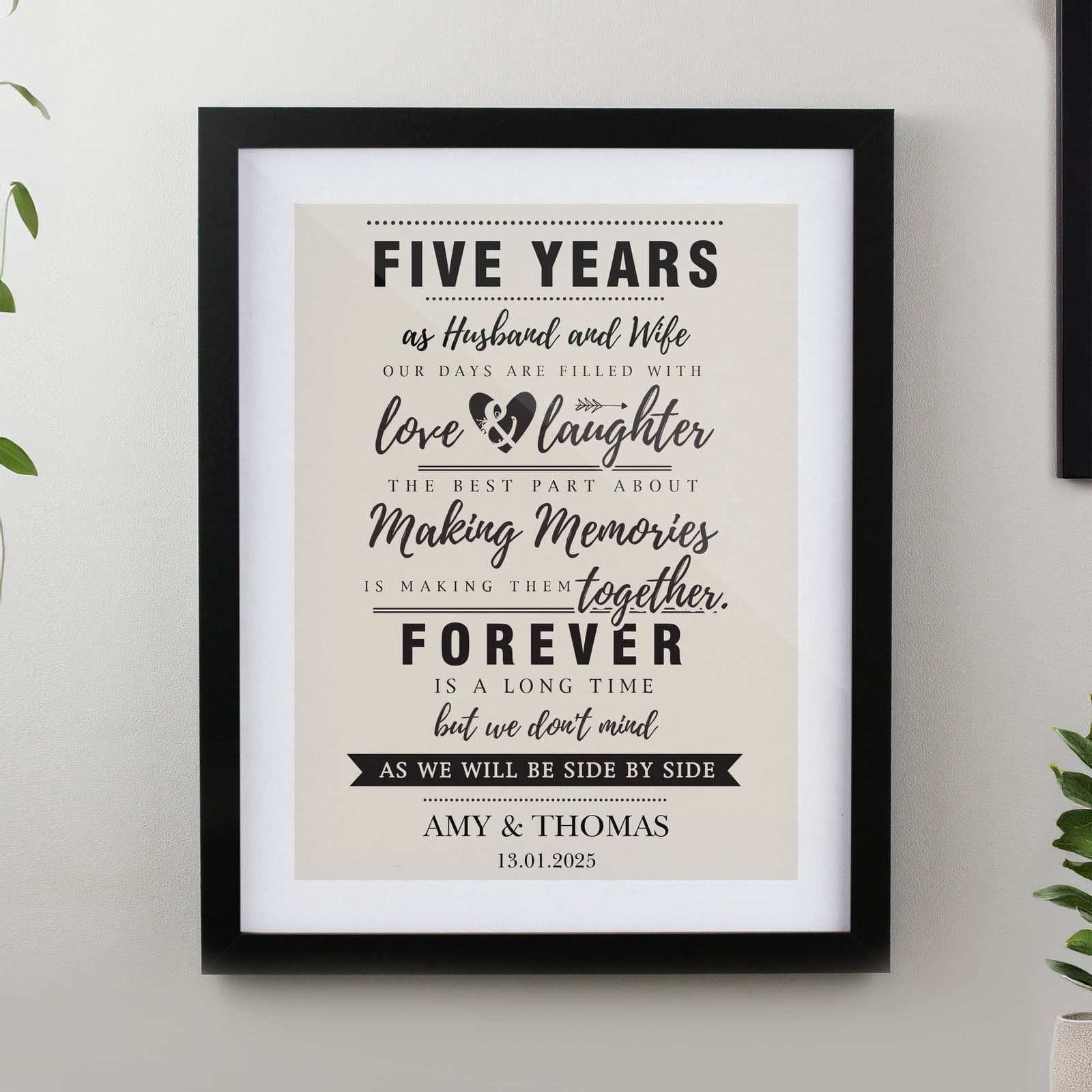 Black framed anniversary print with a poem and personalised lines