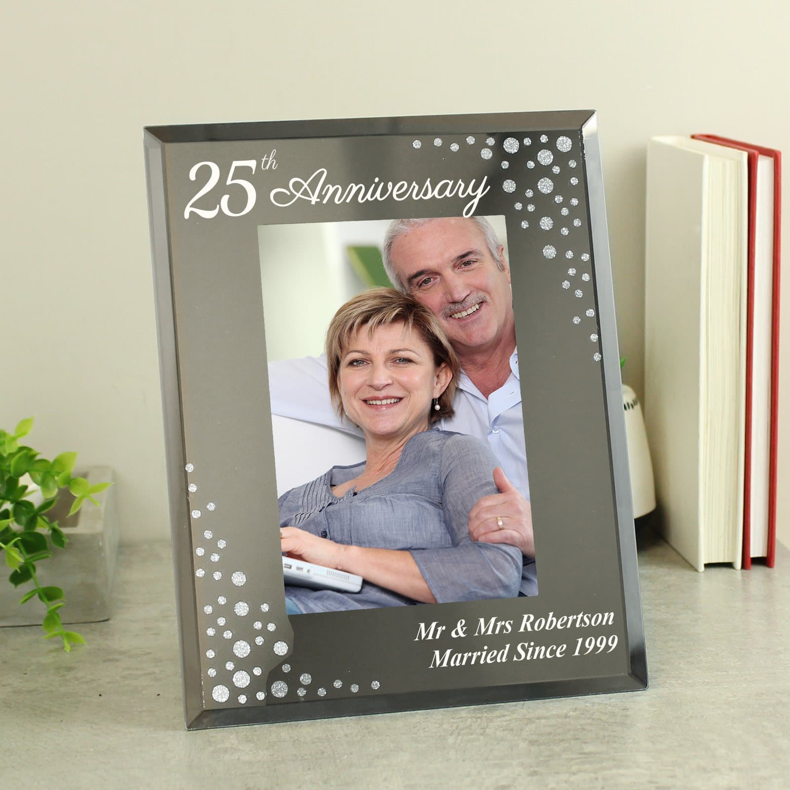 Diamante effect mirrored glass anniversary photo frame with a stand