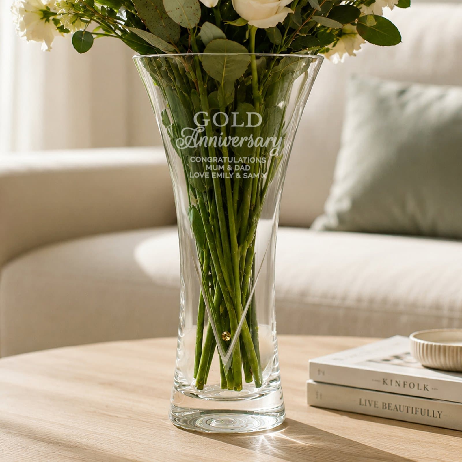 Large hand cut diamond effect anniversary vase in gold or silver