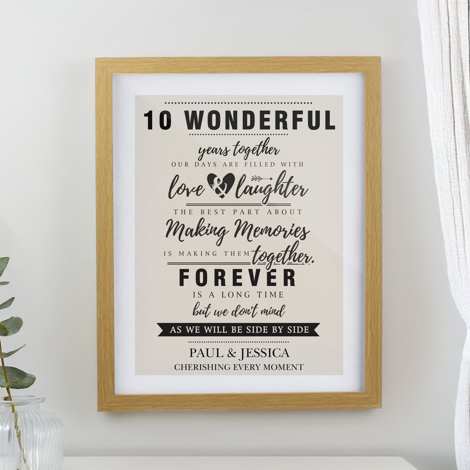 Oak framed anniversary print with personalised lines around a fixed verse