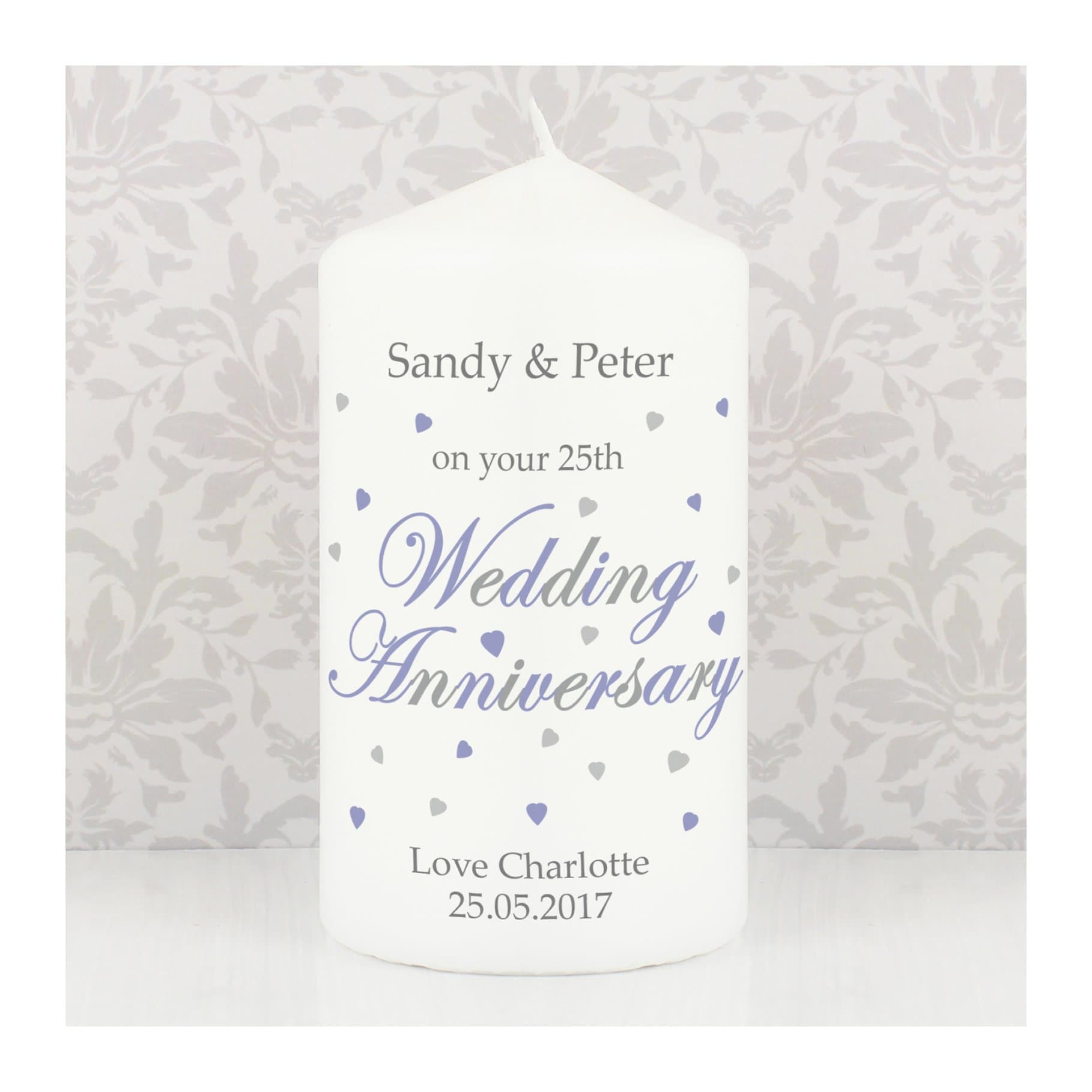 Personalised wedding anniversary pillar candle in an organza bag