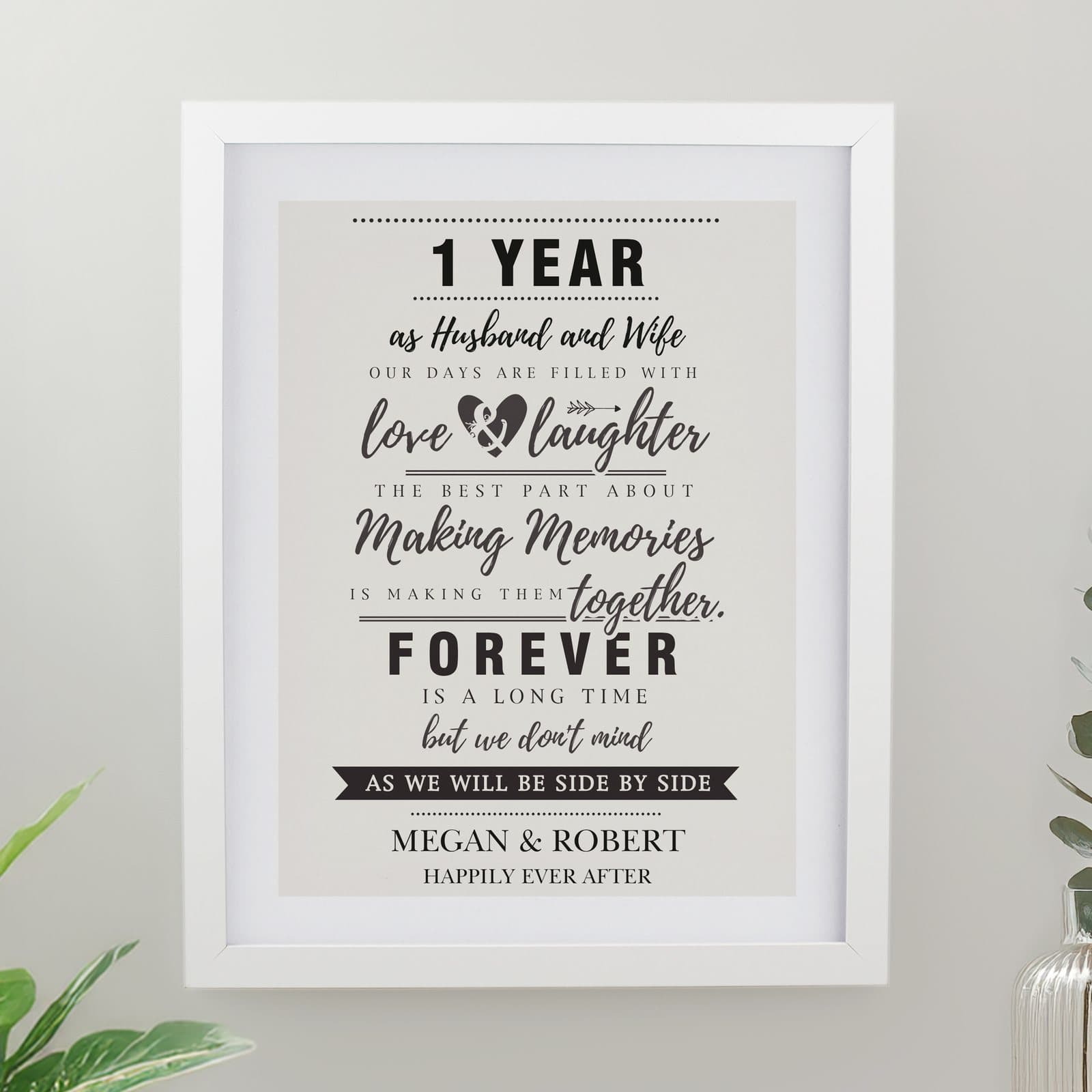 White framed anniversary print with fixed verse and personalised lines