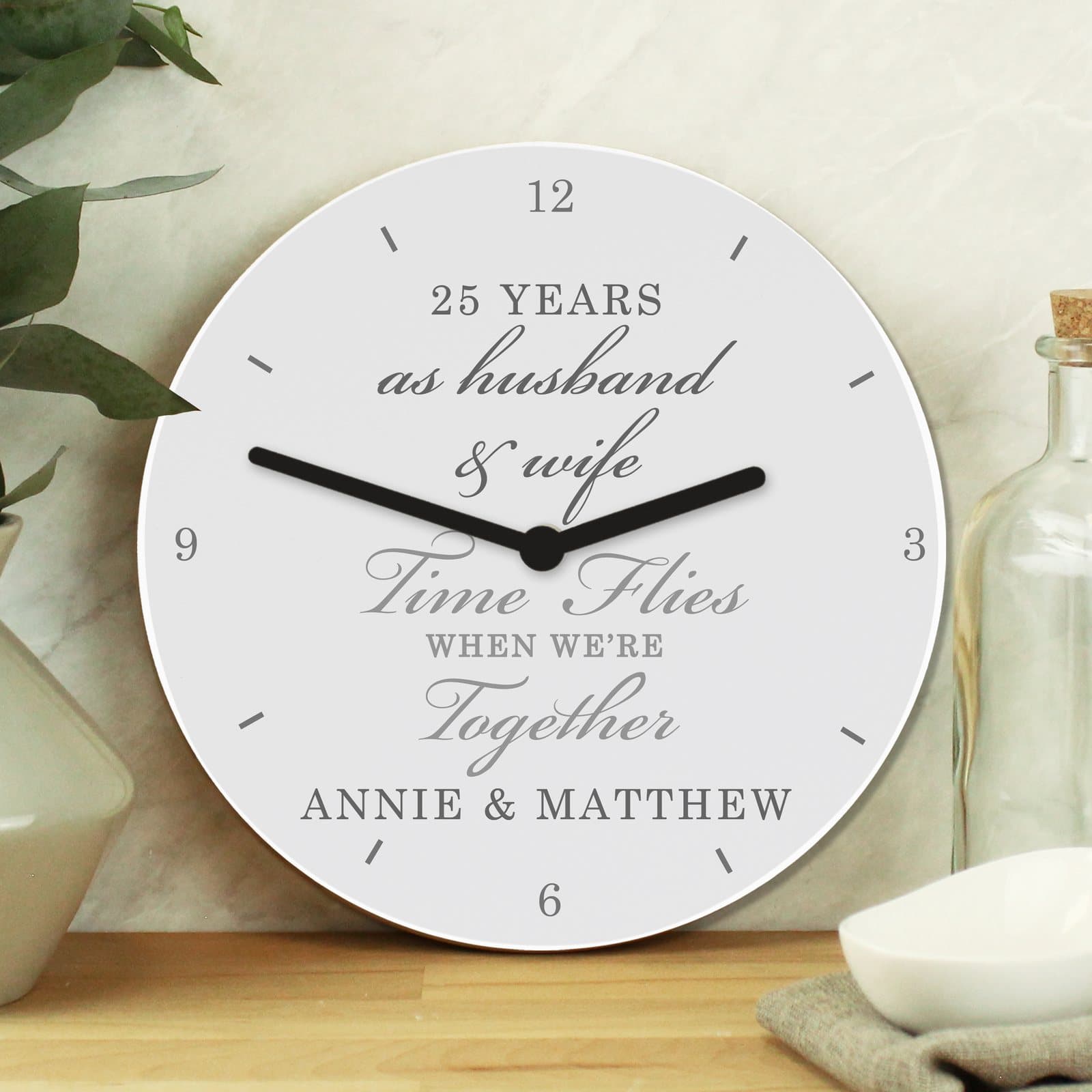 Personalised anniversary wooden clock with four lines of text