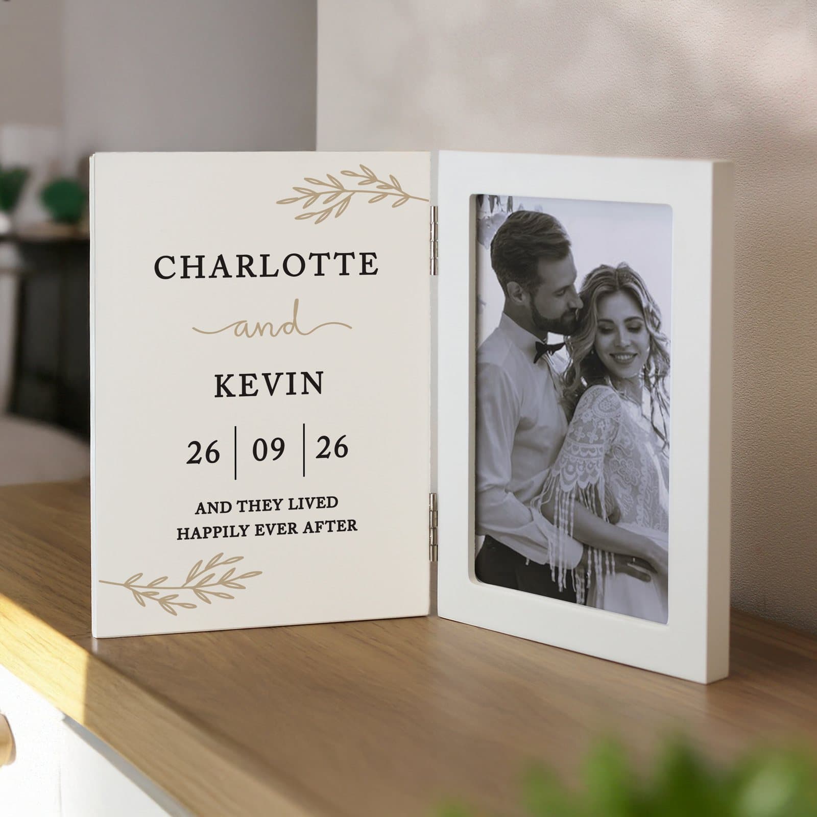 Wooden hinged 6x4 anniversary photo frame with names, a date and a message