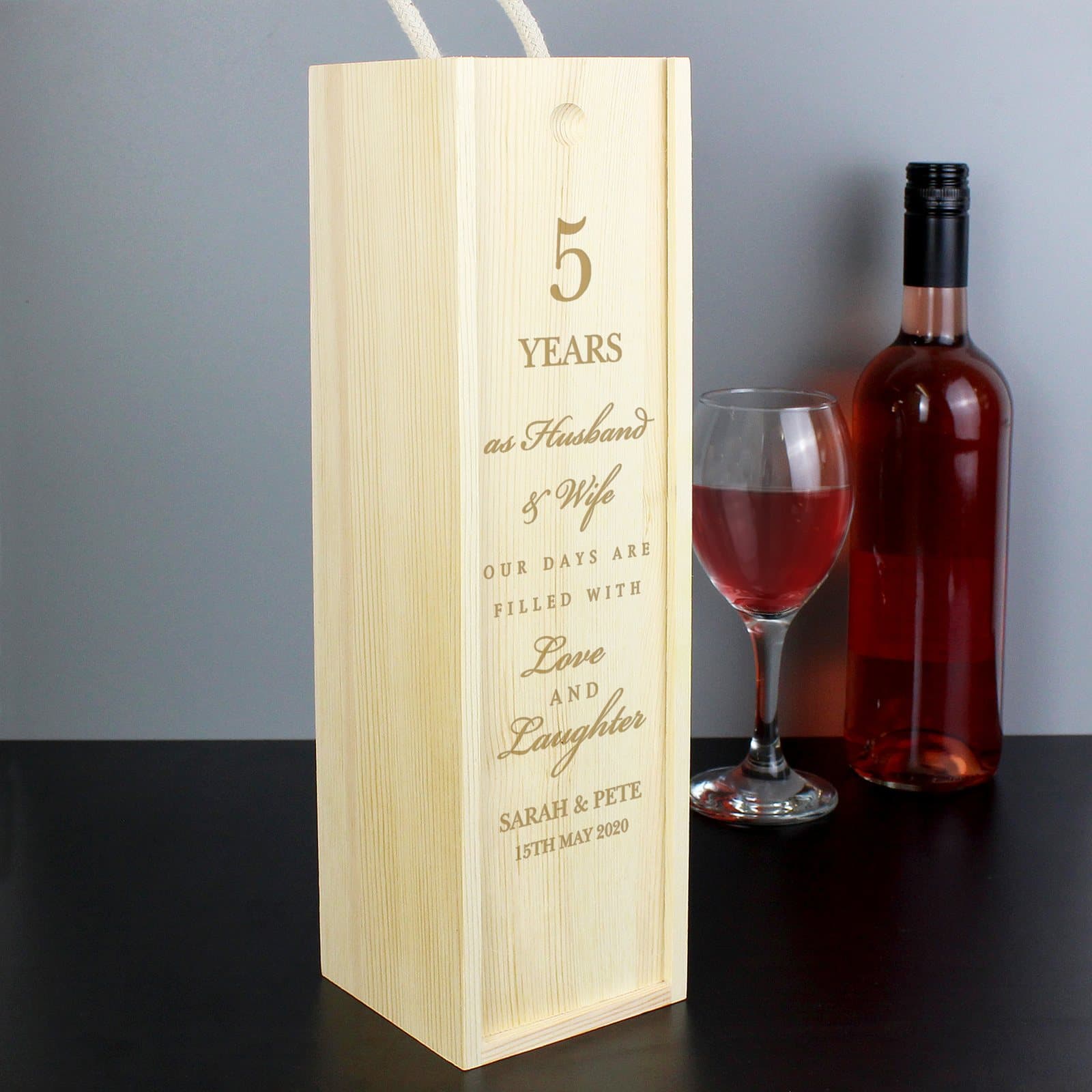 Wooden wine bottle box personalised with anniversary text