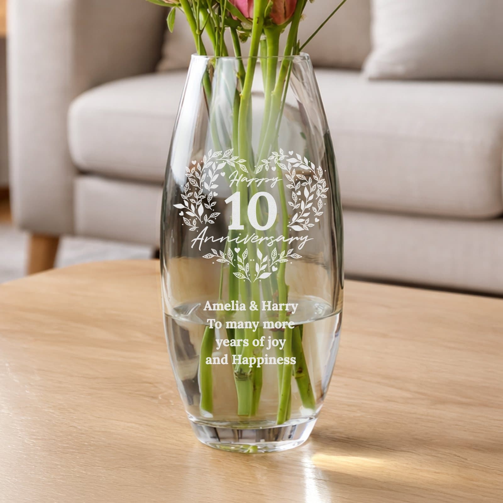 Glass bullet vase personalised with anniversary number and text