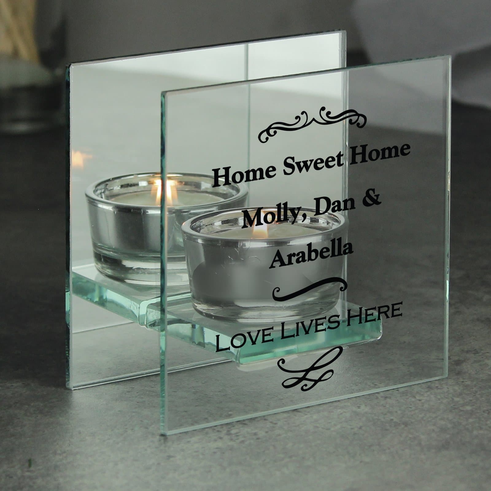 Mirrored glass tea light holder with an Antique Scroll design and personalised lines