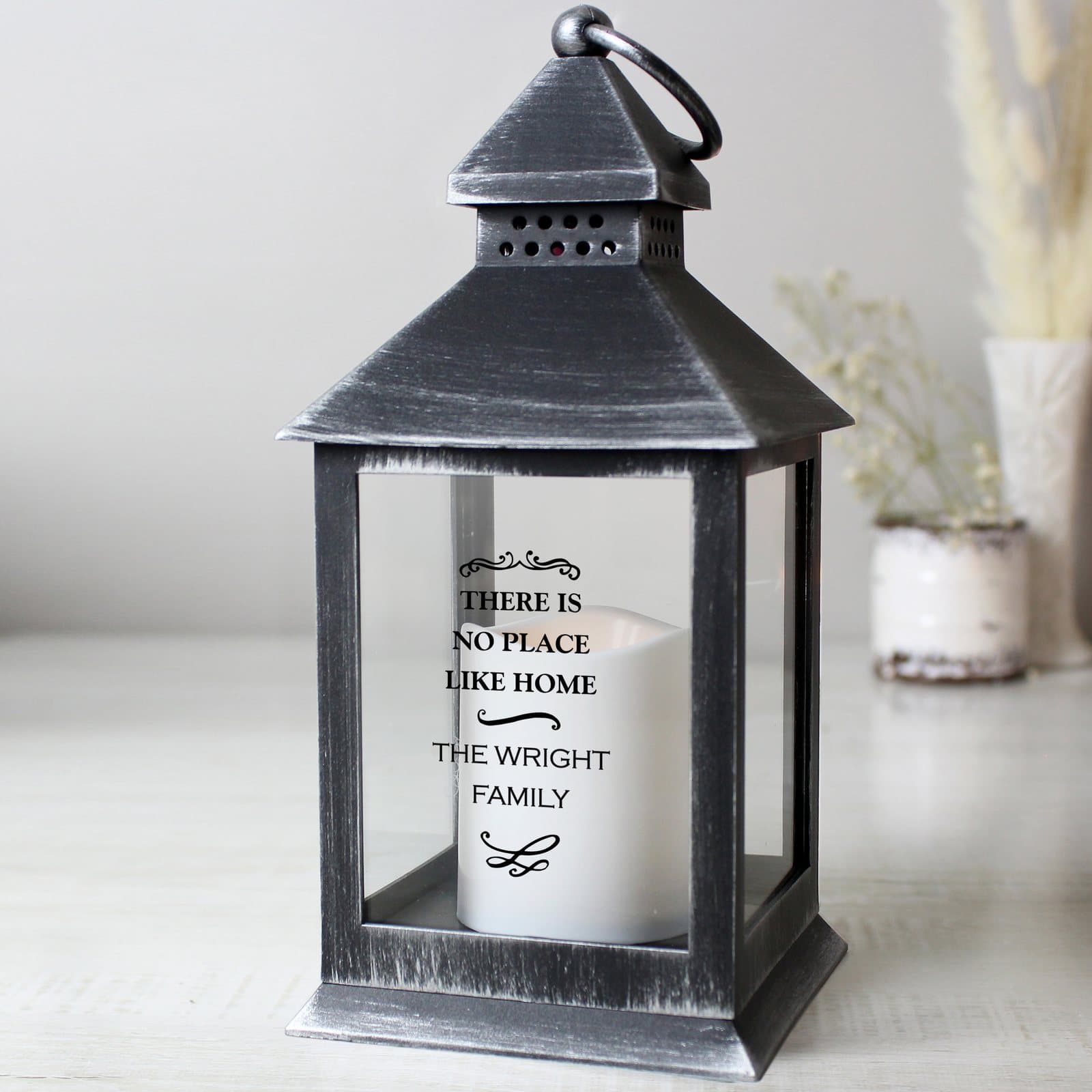 Rustic black antique scroll lantern personalised with five lines of text