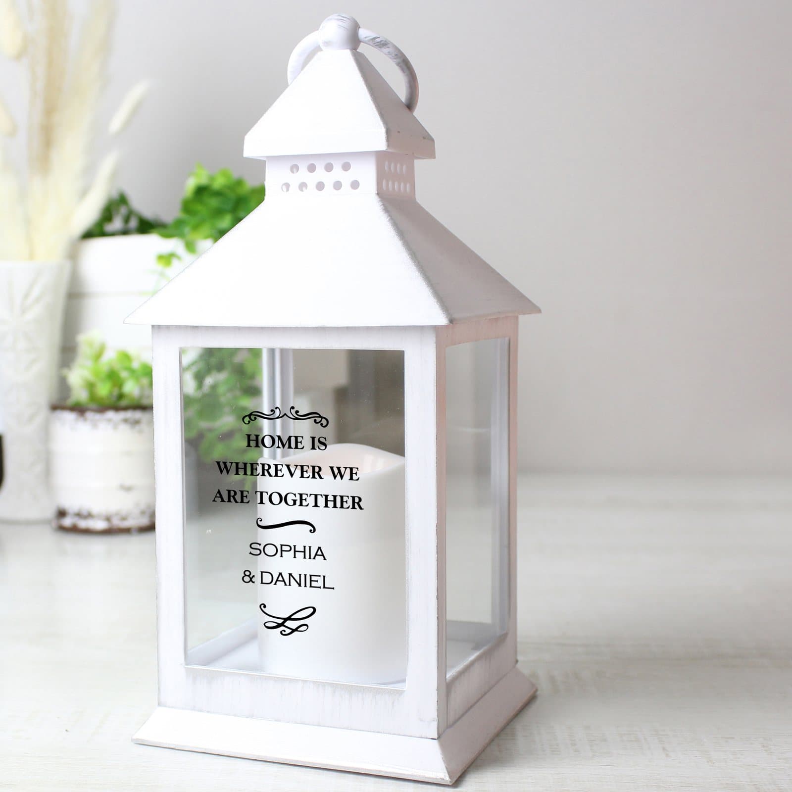 White antique scroll lantern personalised with five lines of text
