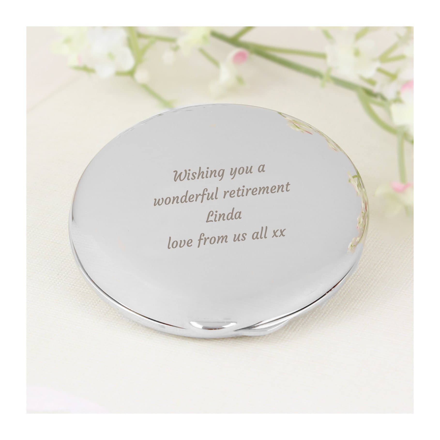 Nickel plated compact mirror personalised with a message
