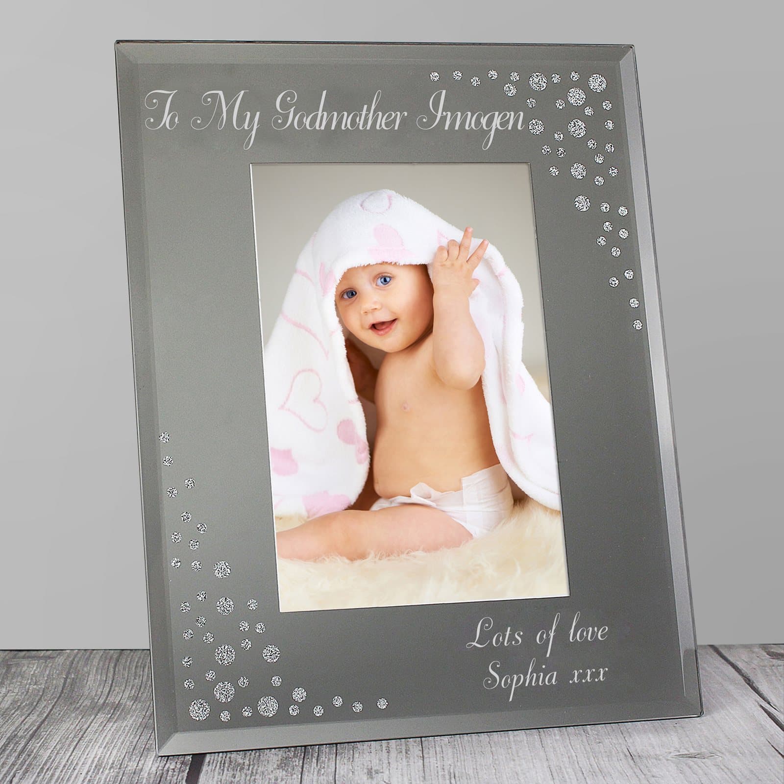 Portrait diamante glass photo frame with a mirrored effect and a stand