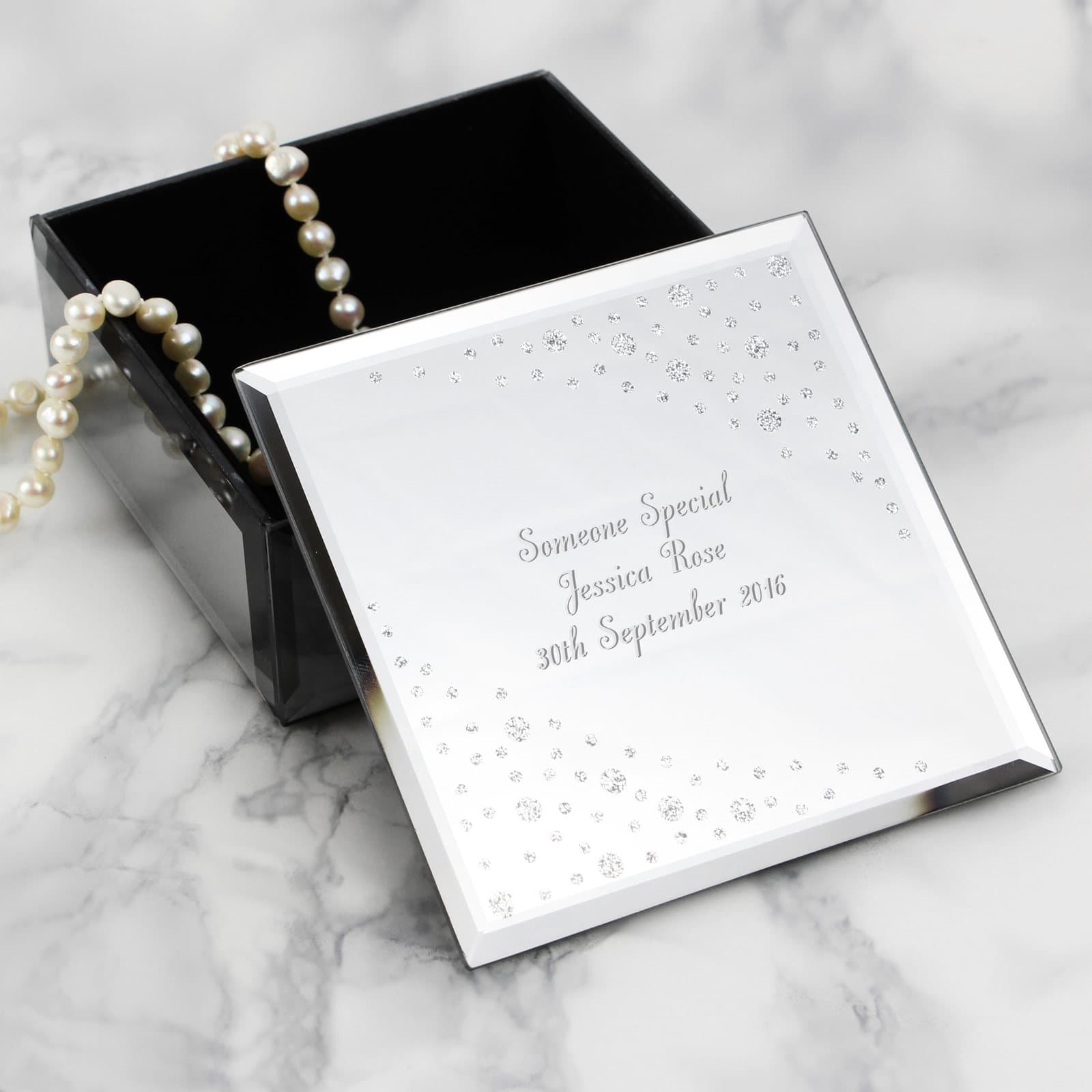 Mirrored diamante glass trinket box with a personalised message