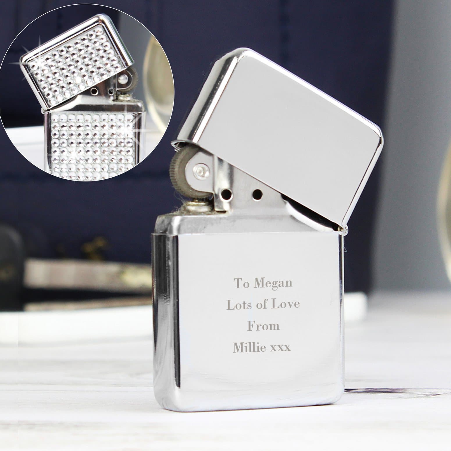 Chrome diamante oil lighter personalised with a message