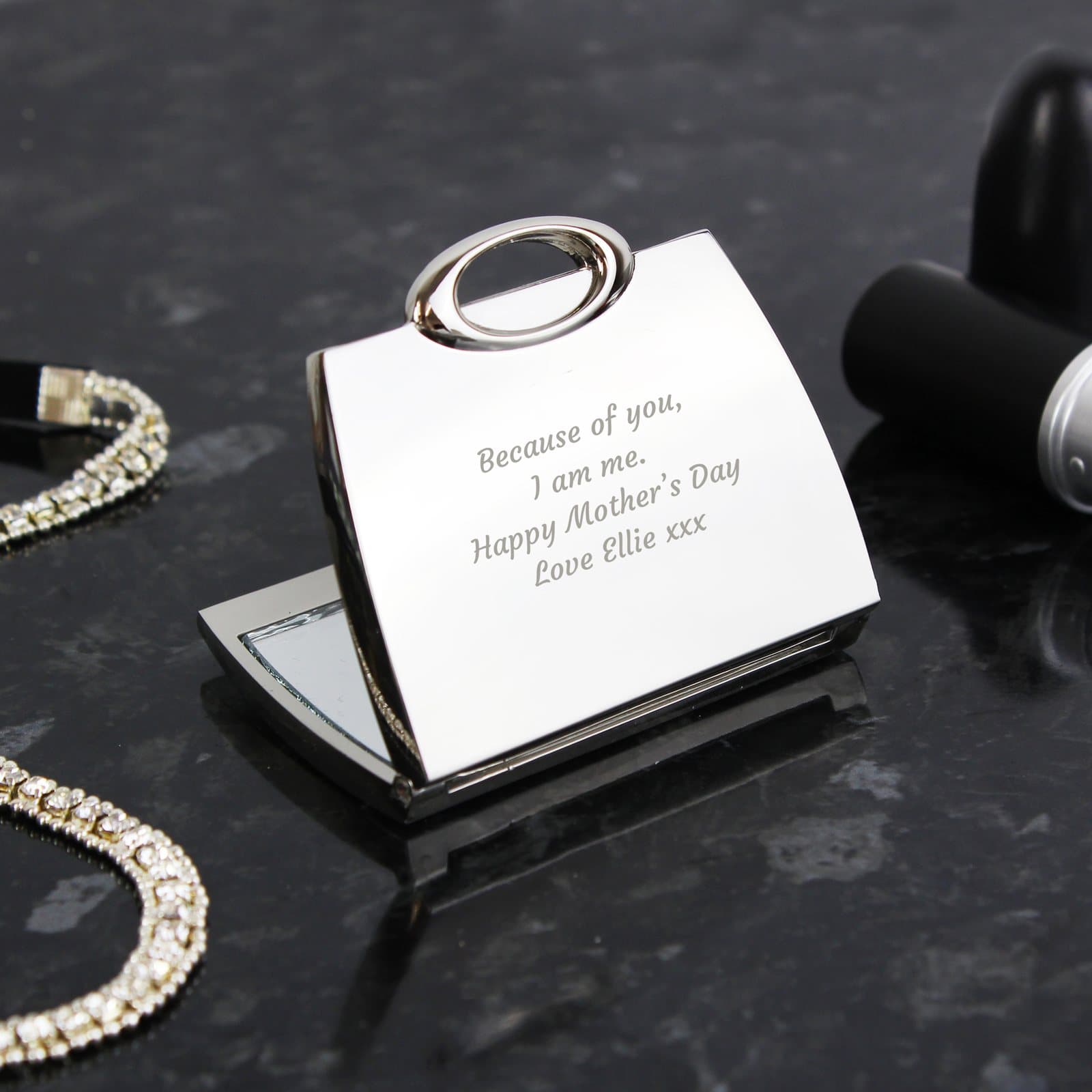 Nickel plated handbag compact mirror personalised with a message