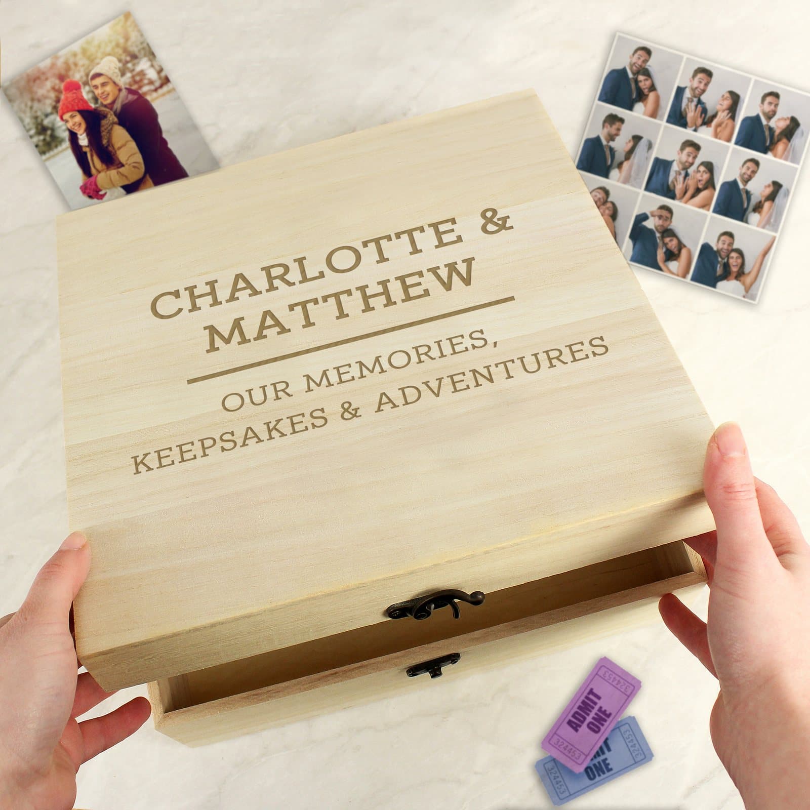 Large wooden keepsake box with a metal clasp and personalised lines of text