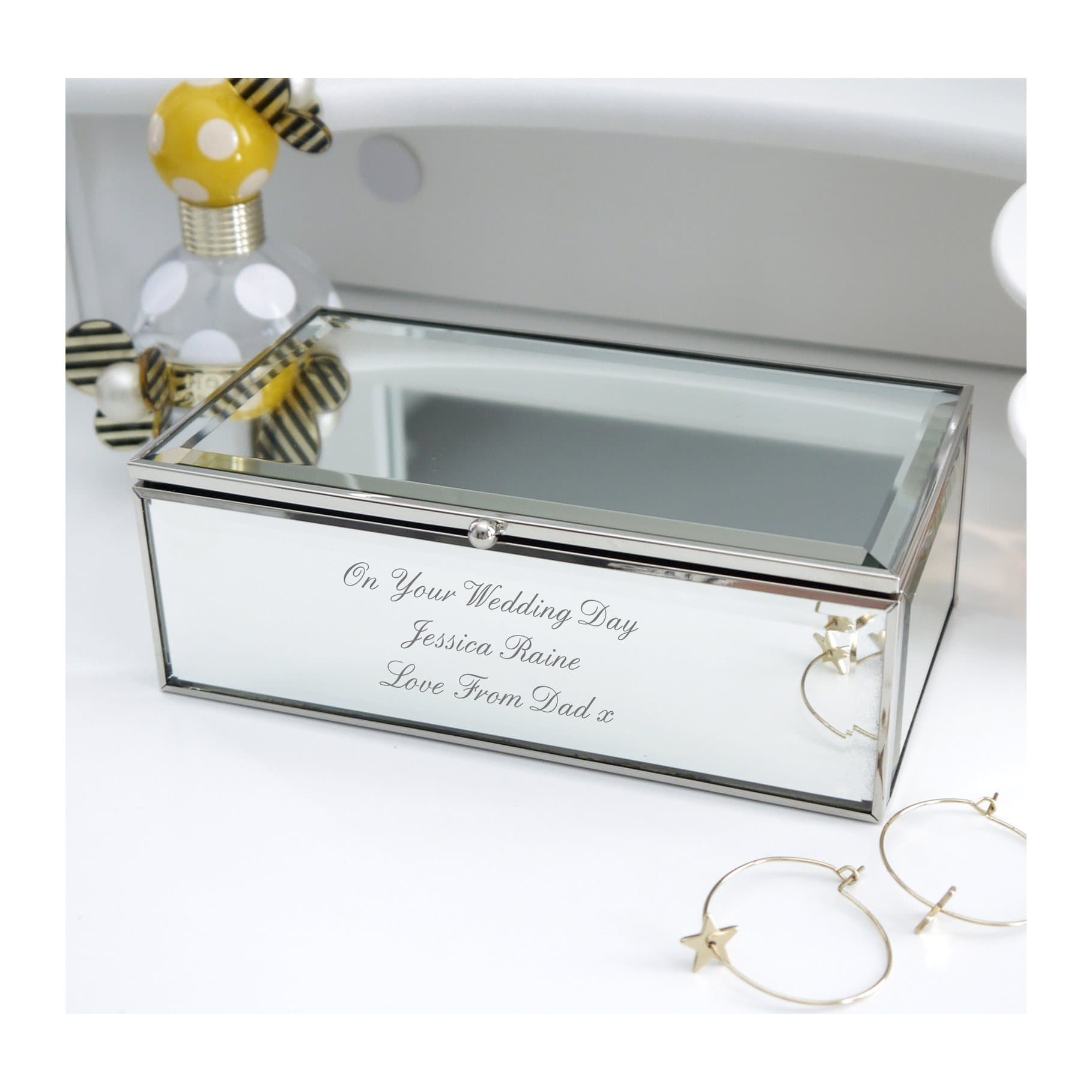 Mirrored jewellery box personalised with a three line message