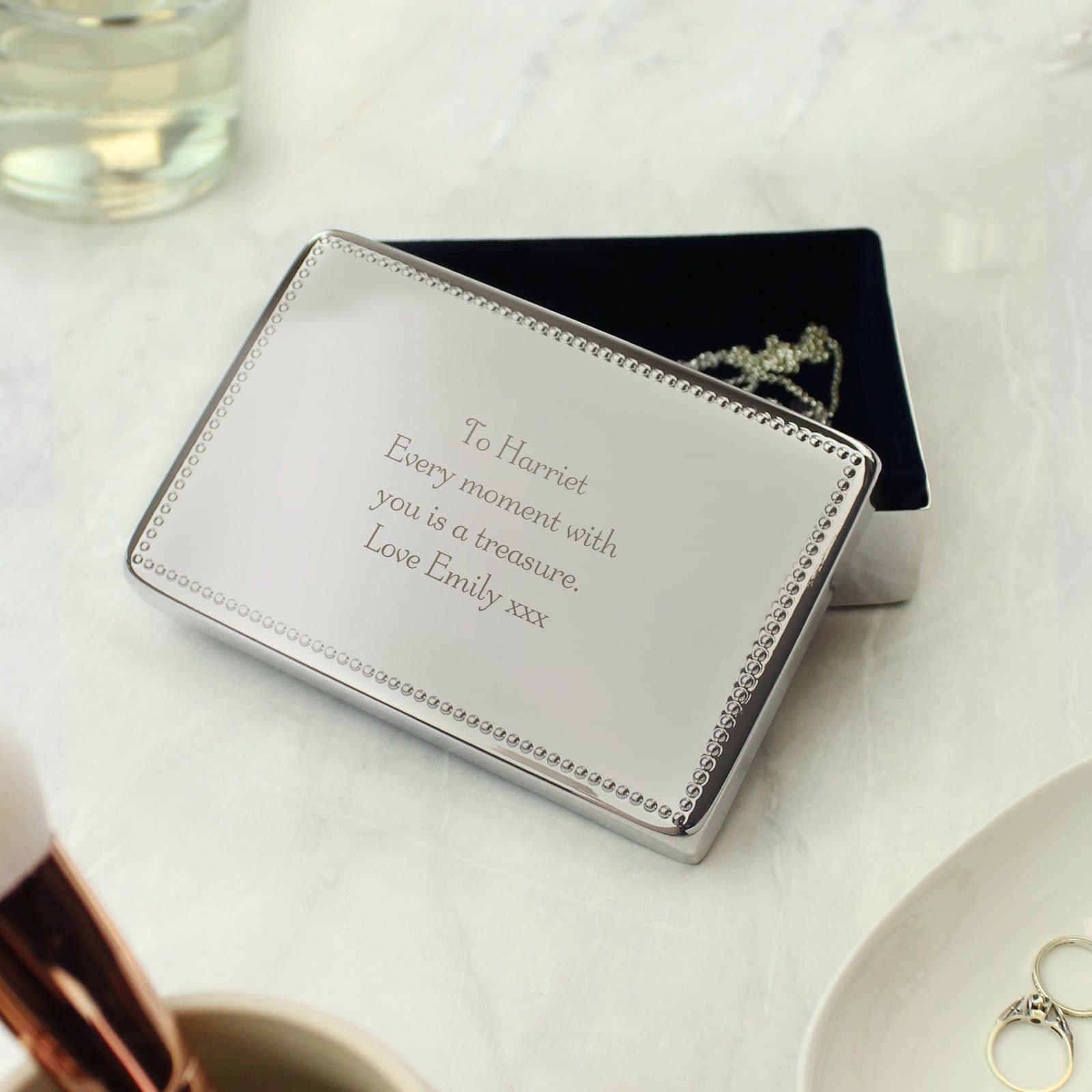 Rectangular nickel-plated jewellery box with a removable lid and personalised message