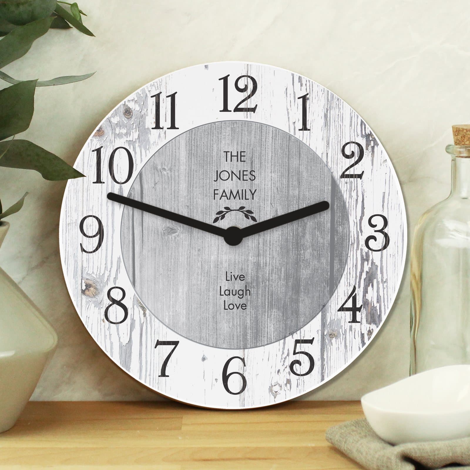Personalised shabby chic wooden clock with rustic wood effect finish